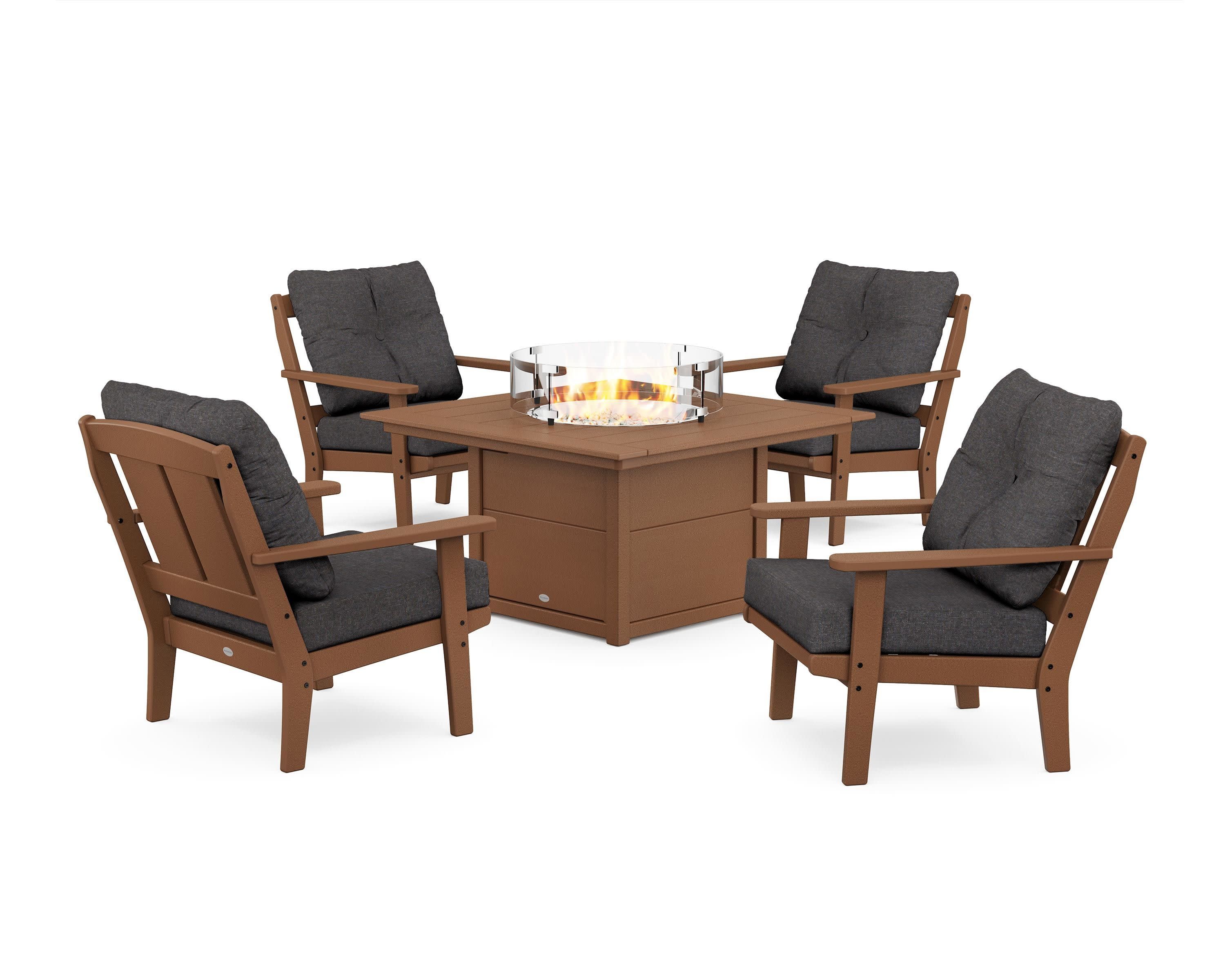 Mission 5-Piece Deep Seating Set with Fire Pit Table in Teak / Ash Charcoal