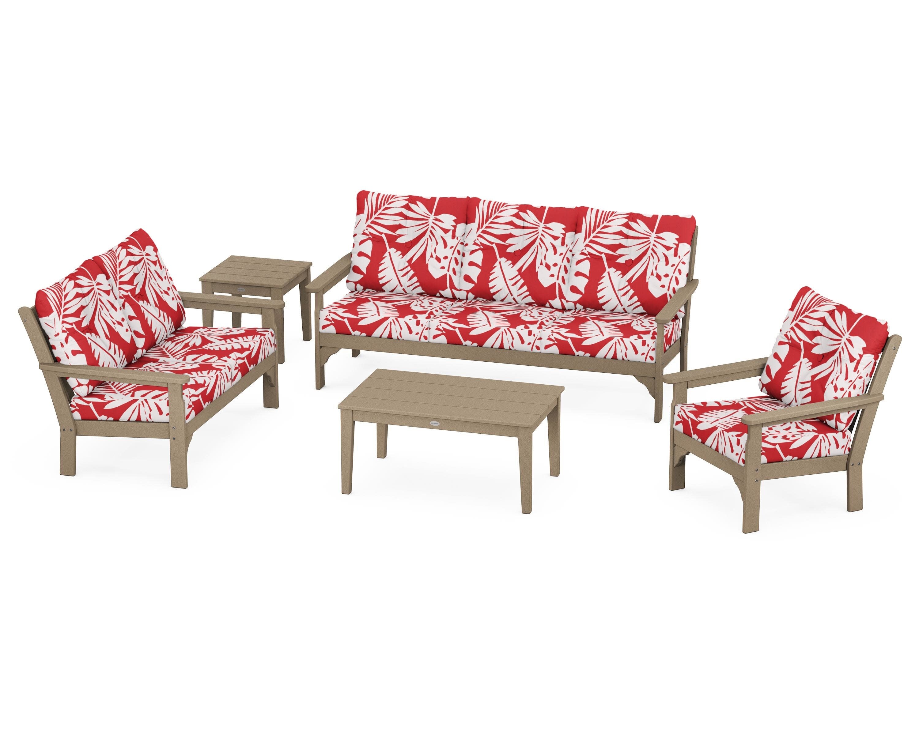 Vineyard 5 Piece Deep Seating Set in Vintage Sahara / Leaf Crimson