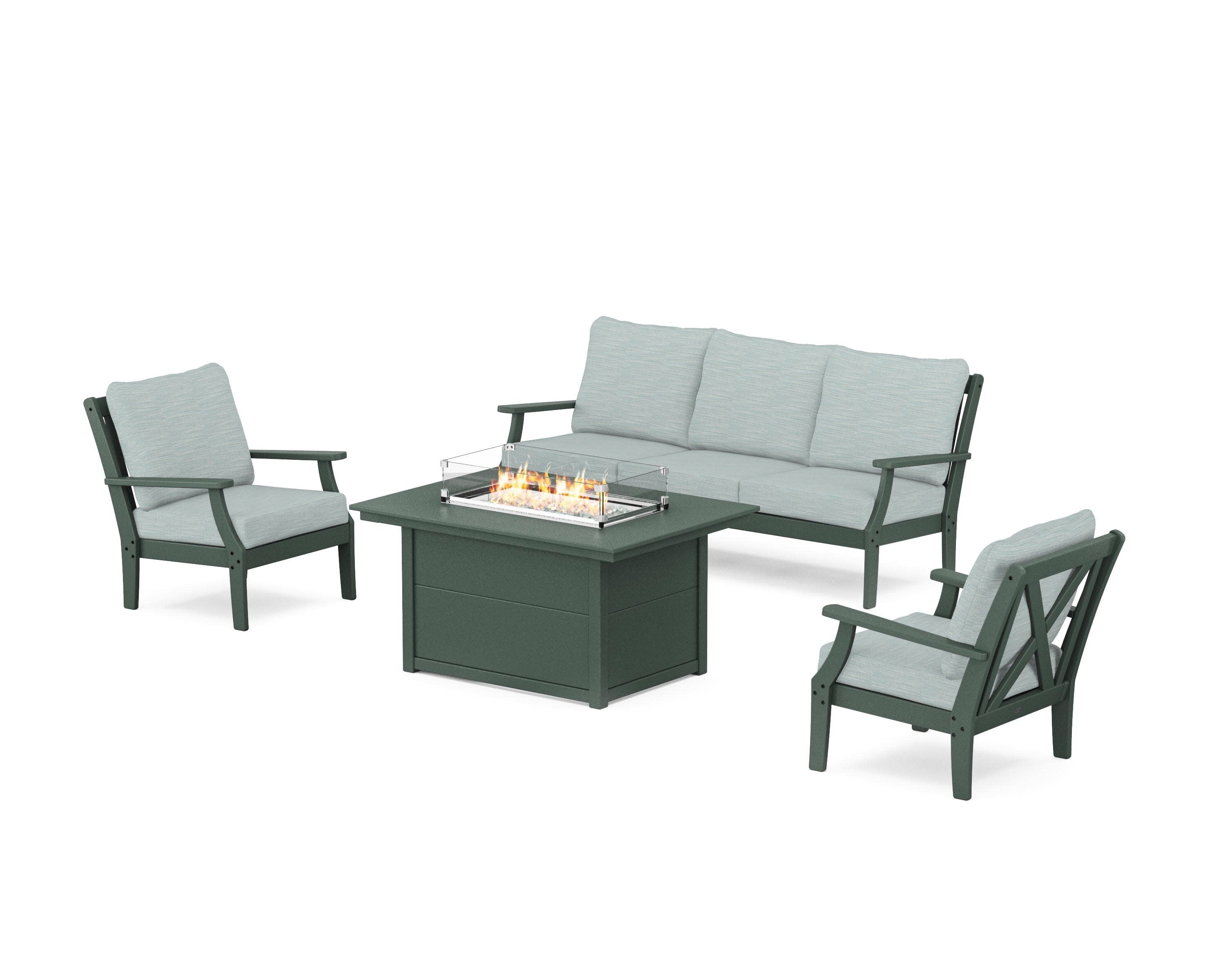 Braxton Deep Seating Fire Pit Table Set in Green / Soothe Mist