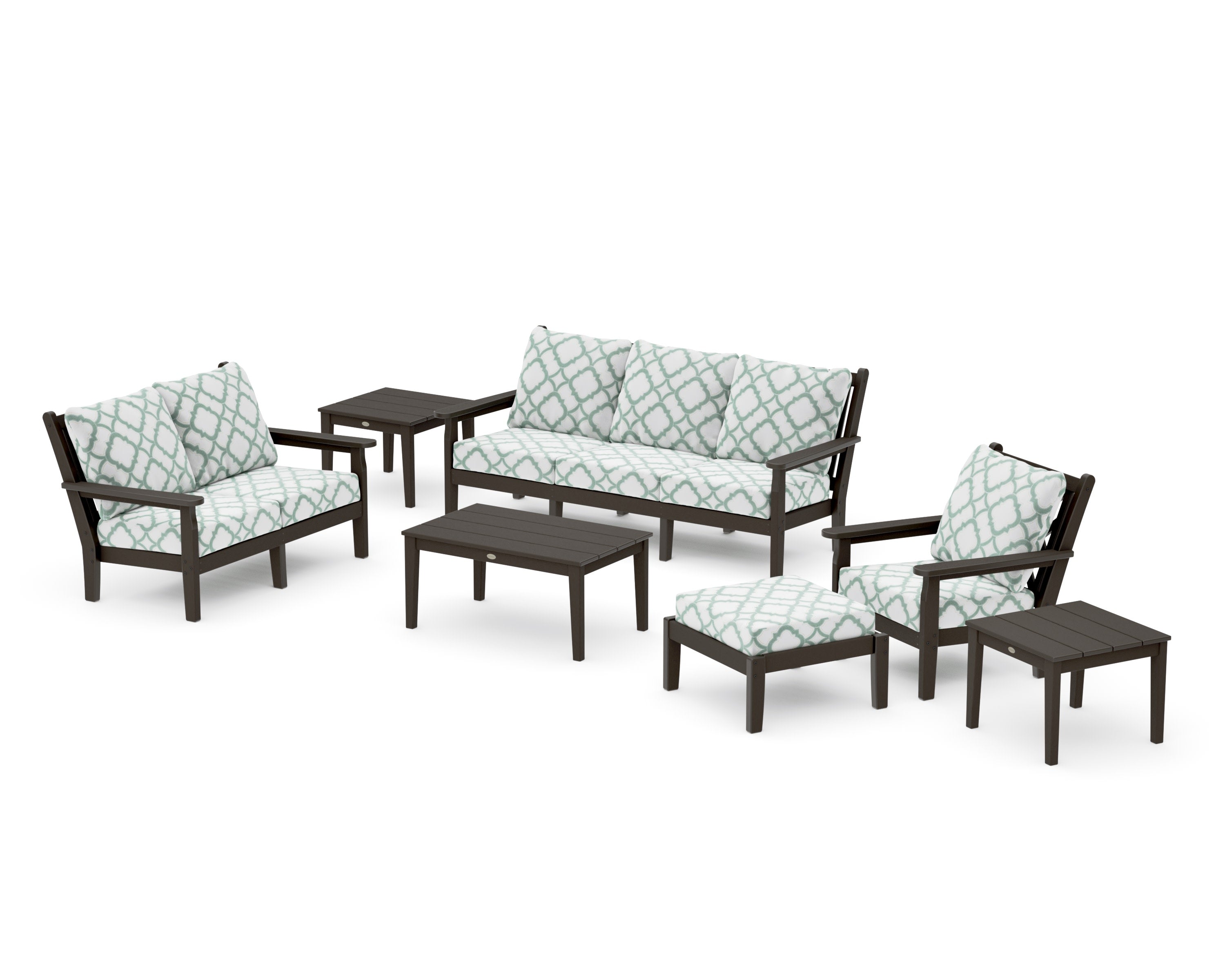 Chippendale 7-Piece Deep Seating Set in Vintage Coffee / Trellis Glacier Spa