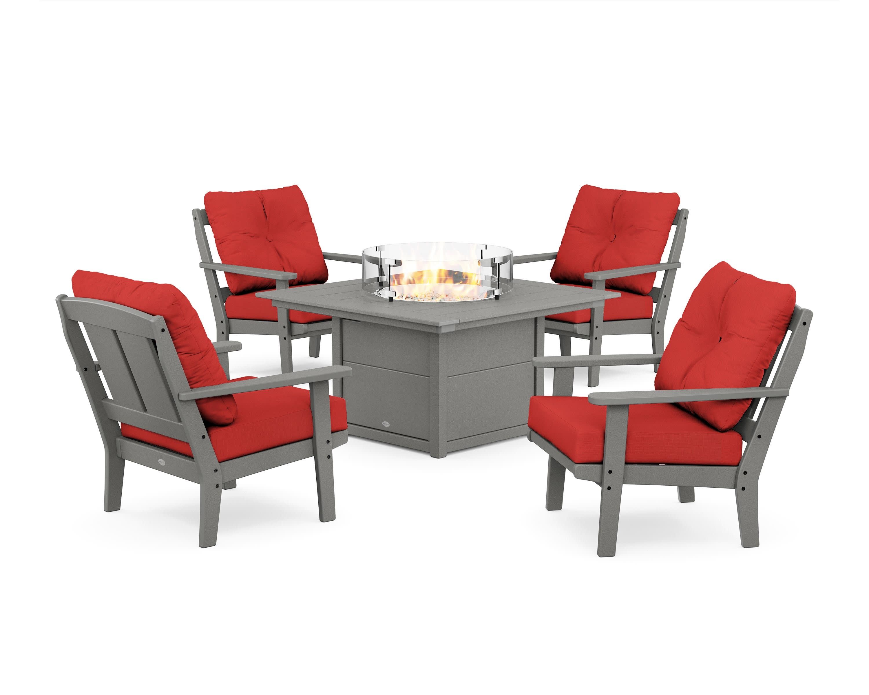 Mission 5-Piece Deep Seating Set with Fire Pit Table in Slate Grey / Crimson Linen