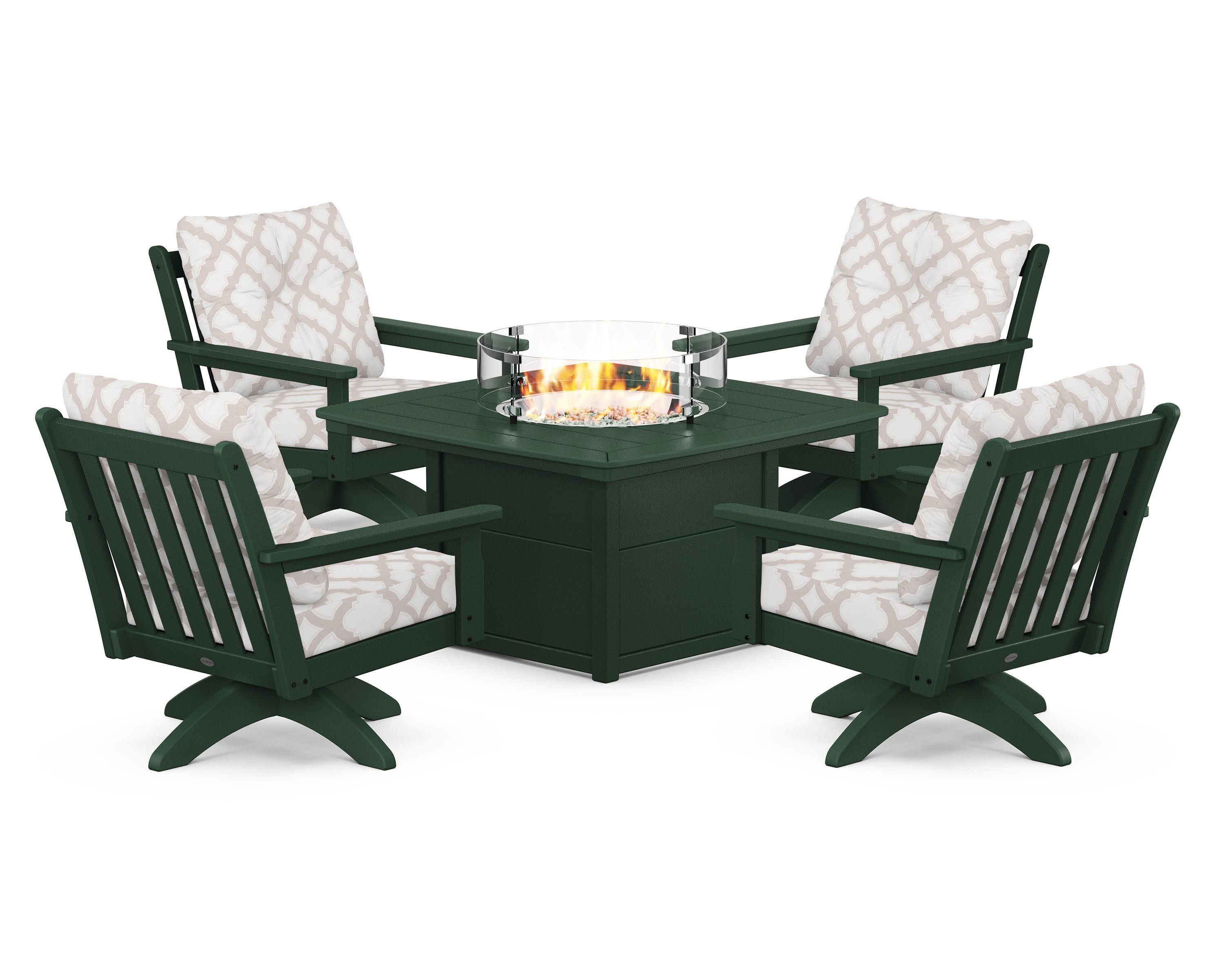 Vineyard 5-Piece Deep Seating Swivel Conversation Set with Fire Pit Table in Green / Trellis Dune Burlap