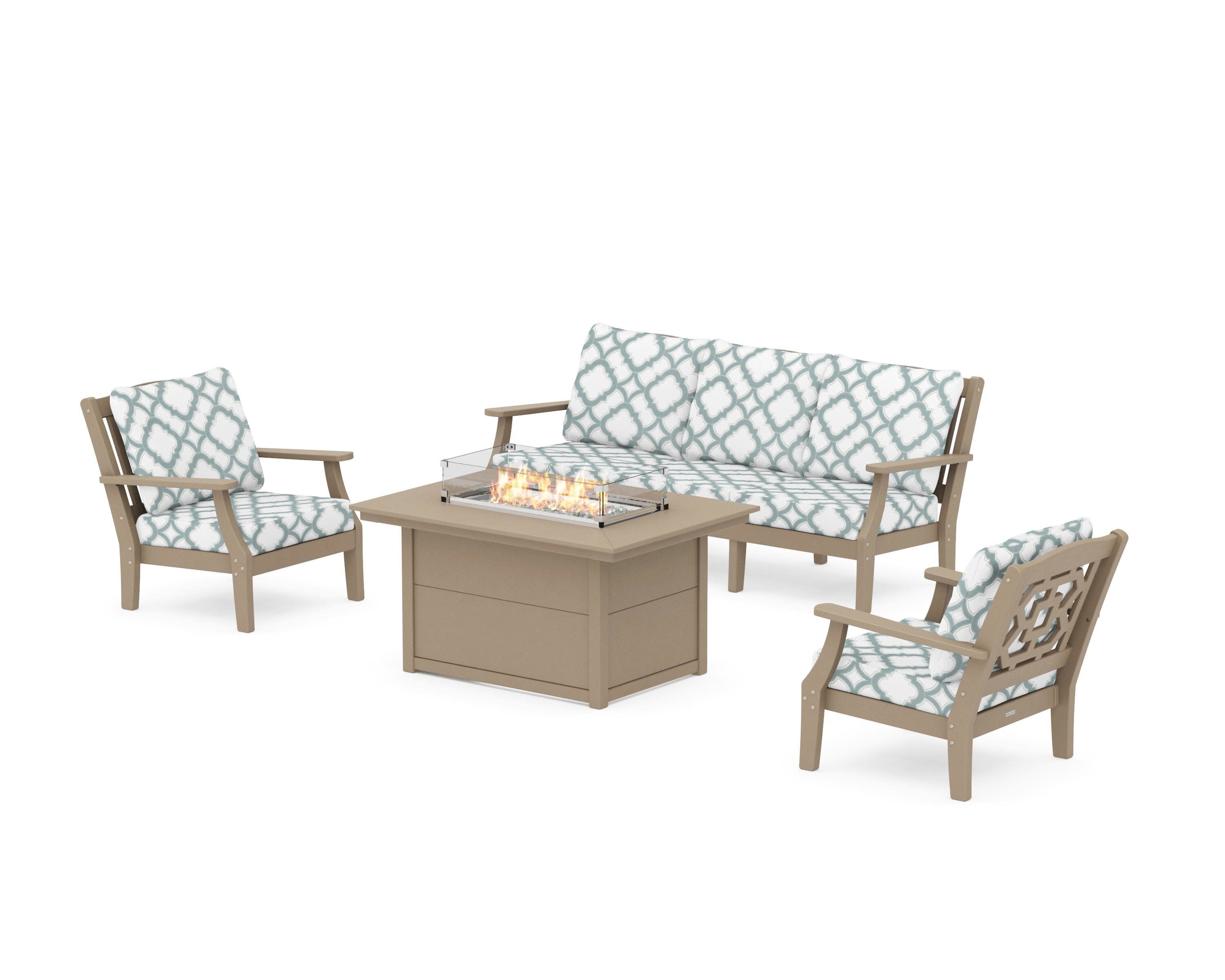 Chinoiserie Deep Seating Fire Pit Table Set in Vintage Sahara / Trellis Glacier Spa
