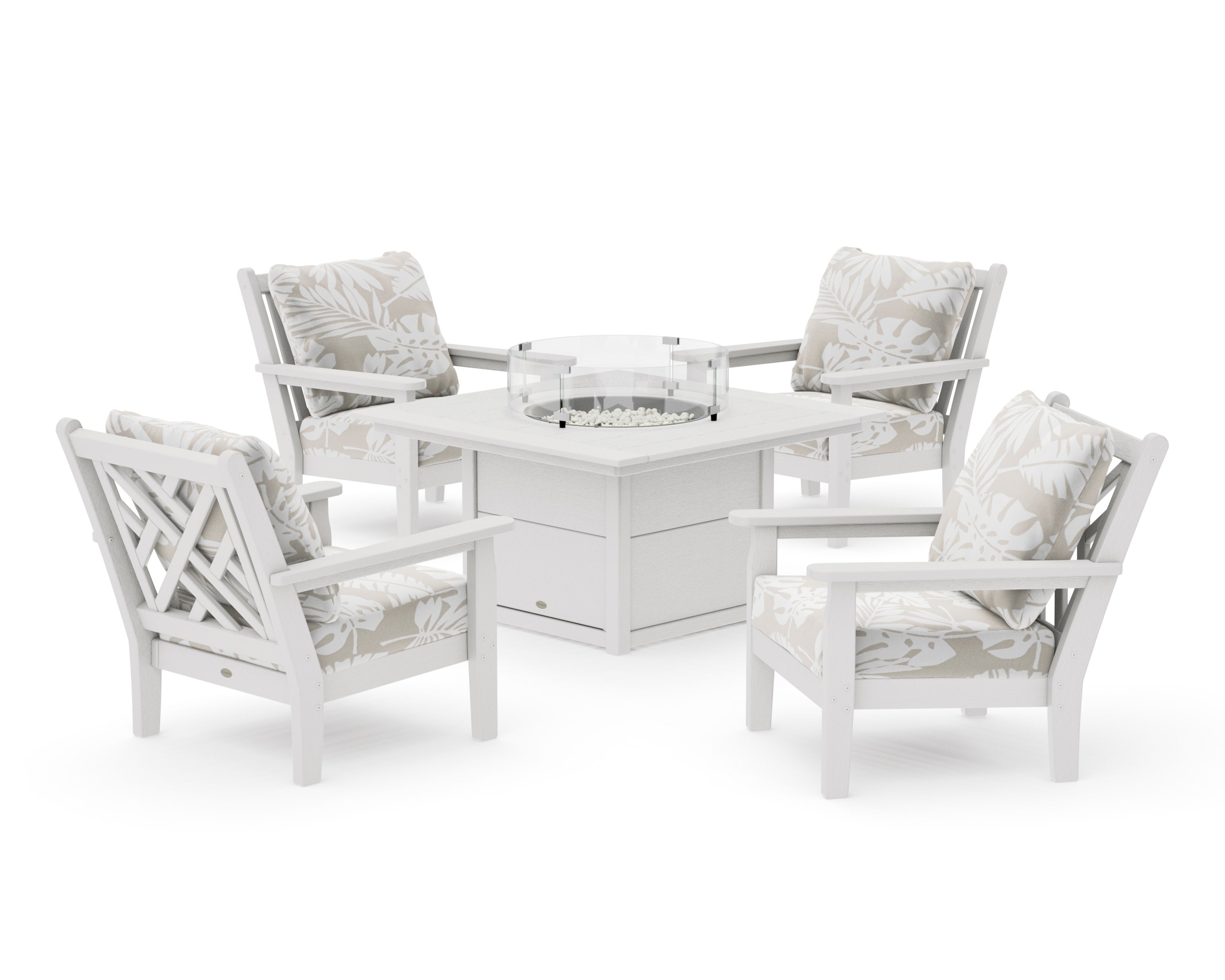 Chippendale 5-Piece Deep Seating Set with Fire Pit Table in Vintage White / Leaf Dune Burlap