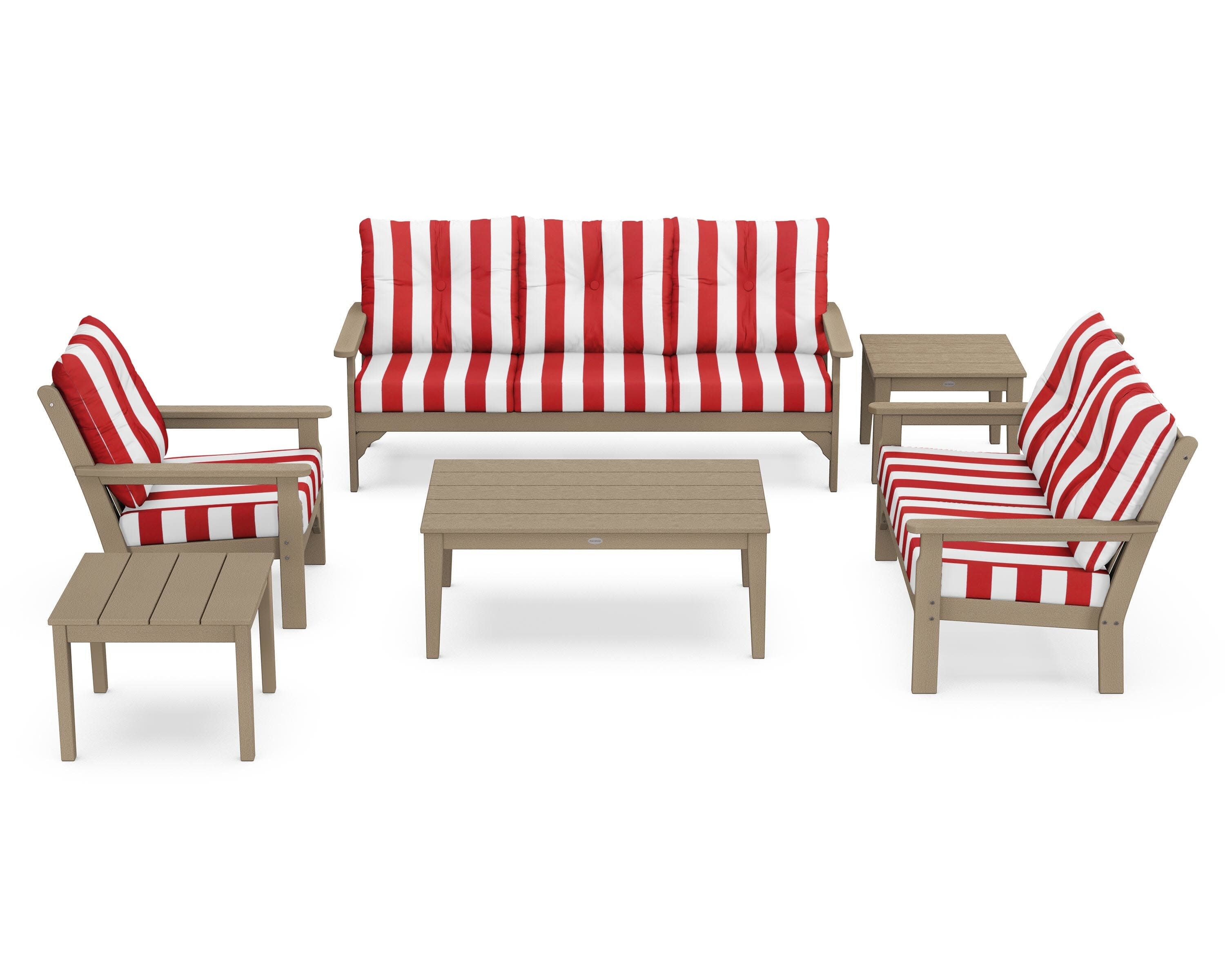 Vineyard 6-Piece Deep Seating Set in Vintage Sahara / Cabana Stripe Crimson