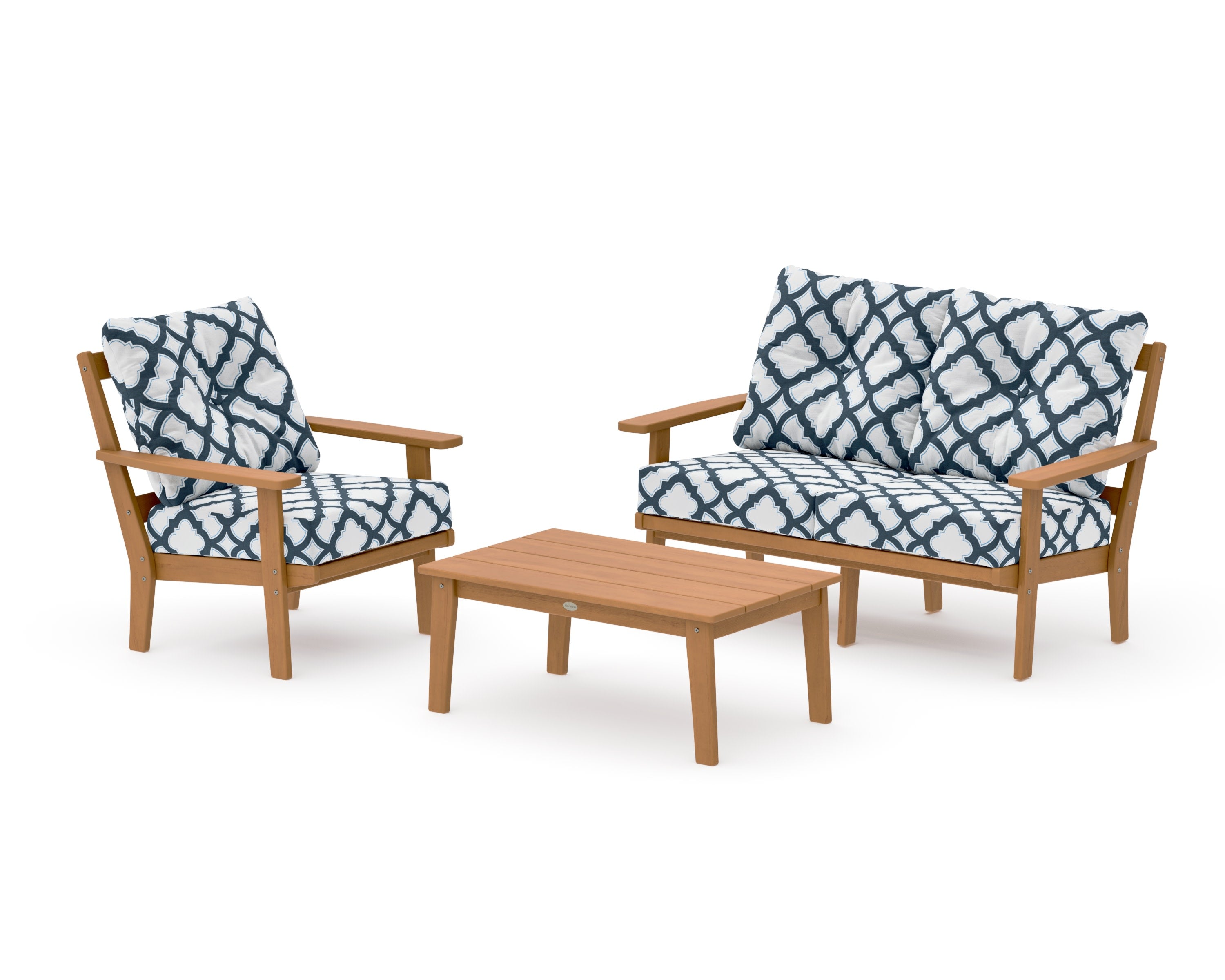 Prairie 3-Piece Deep Seating Set with Loveseat in Natural / Trellis Marine Indigo