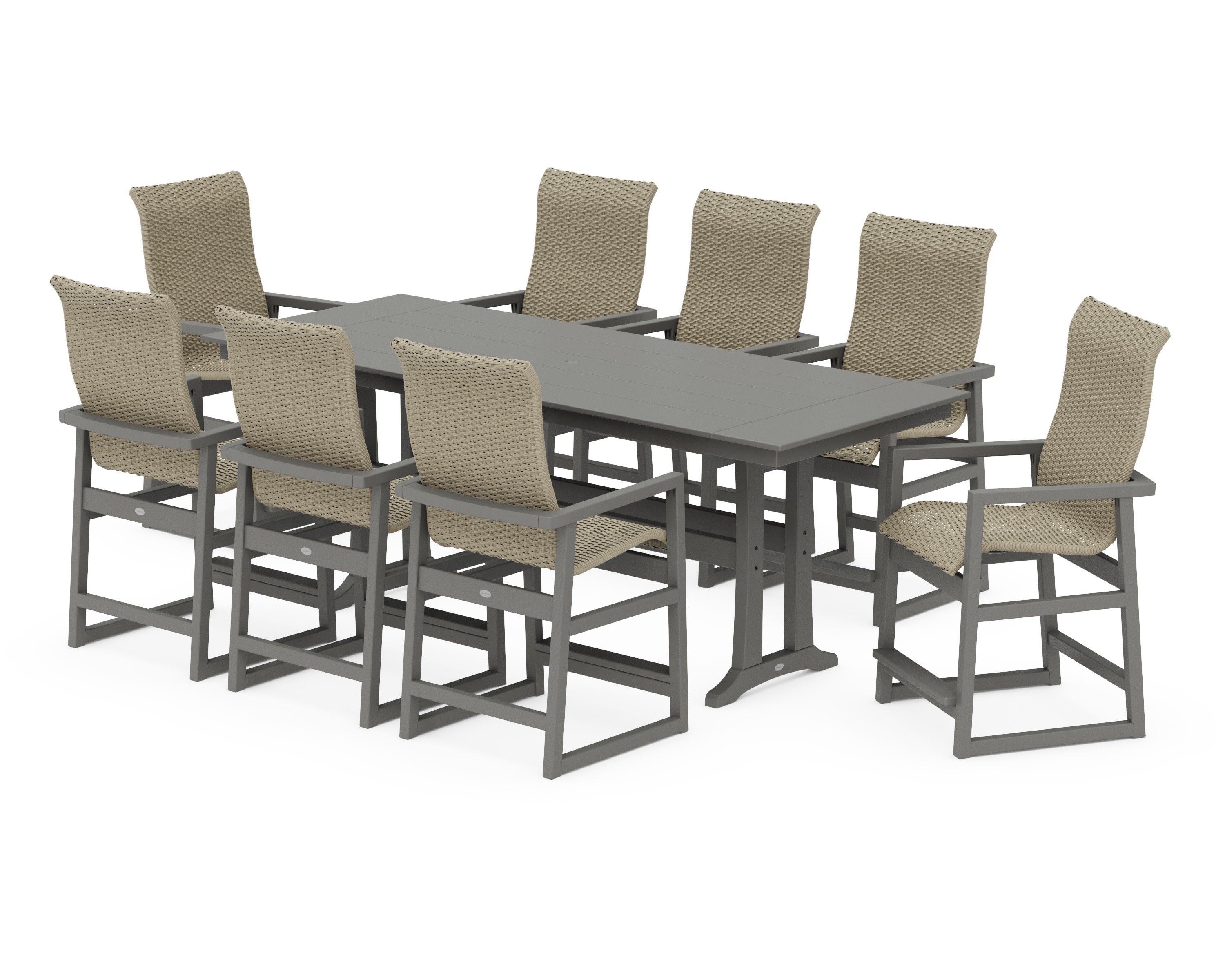 EDGE Woven Highback 9-Piece Farmhouse Counter Set with Trestle Legs in Slate Grey / Dune Grass