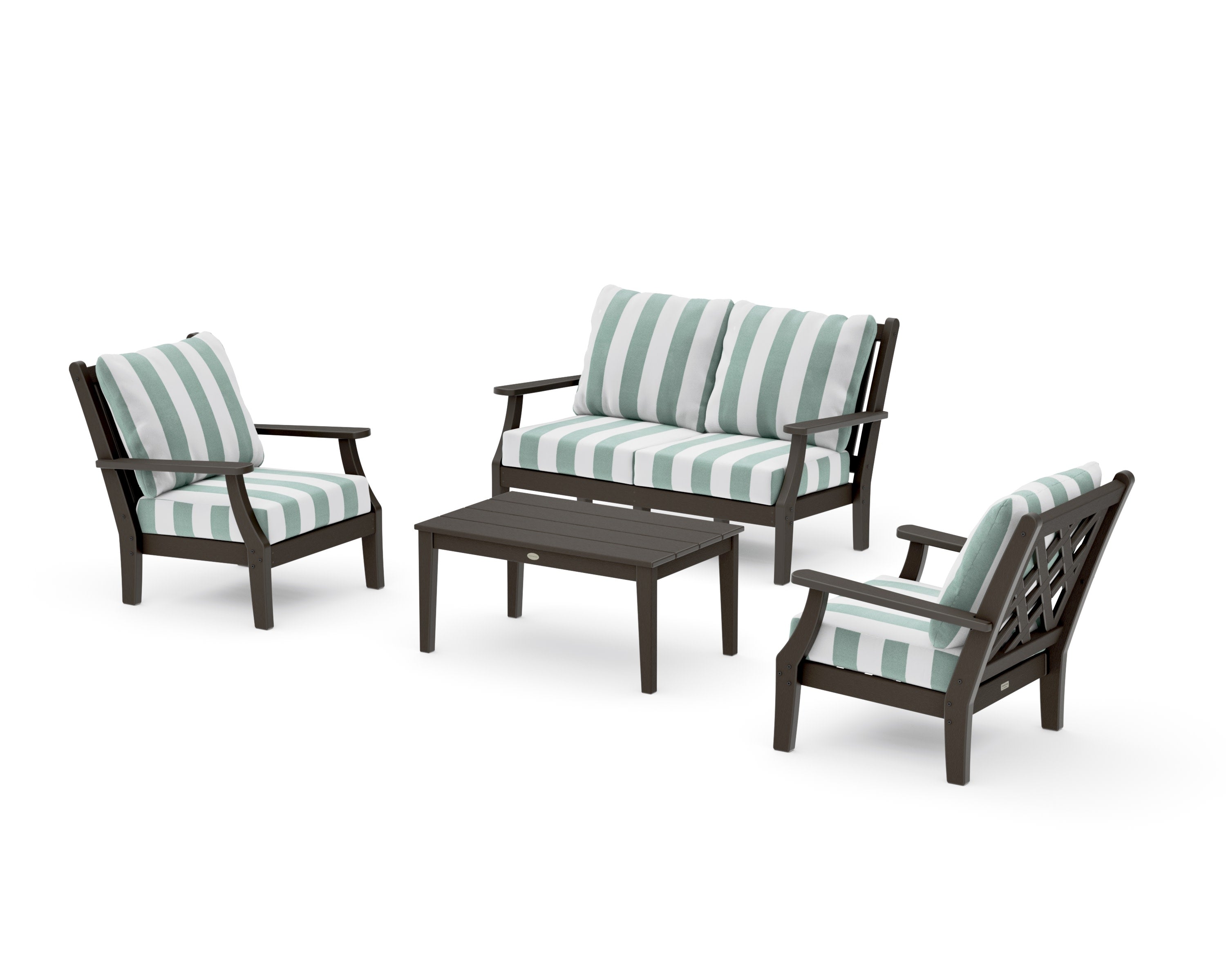 Wovendale 4-Piece Deep Seating Set with Loveseat in Vintage Coffee / Cabana Stripe Glacier Spa
