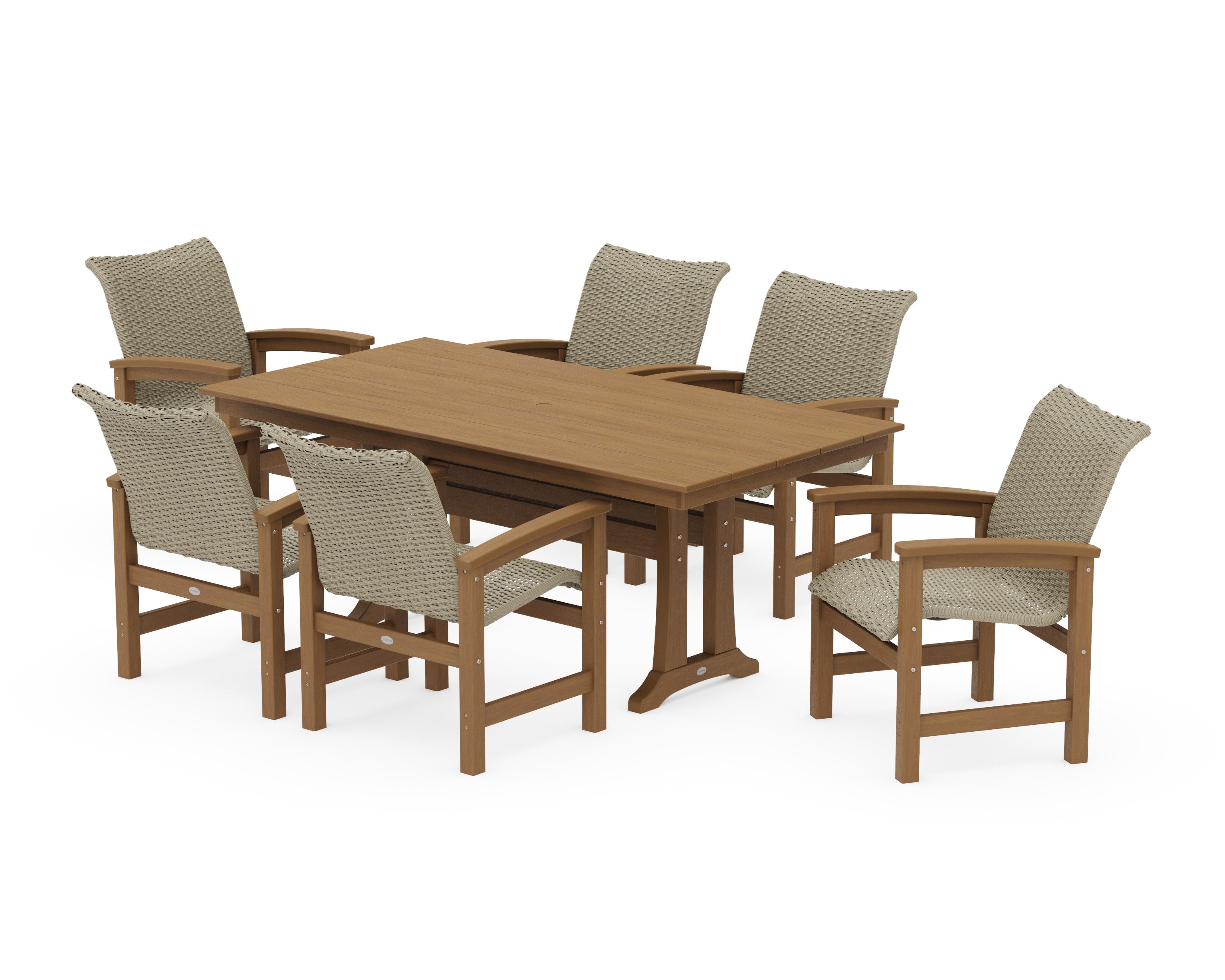 Coastal Woven Arm Chair 7-Piece Farmhouse Dining Set with Trestle Legs in Natural / Dune Grass