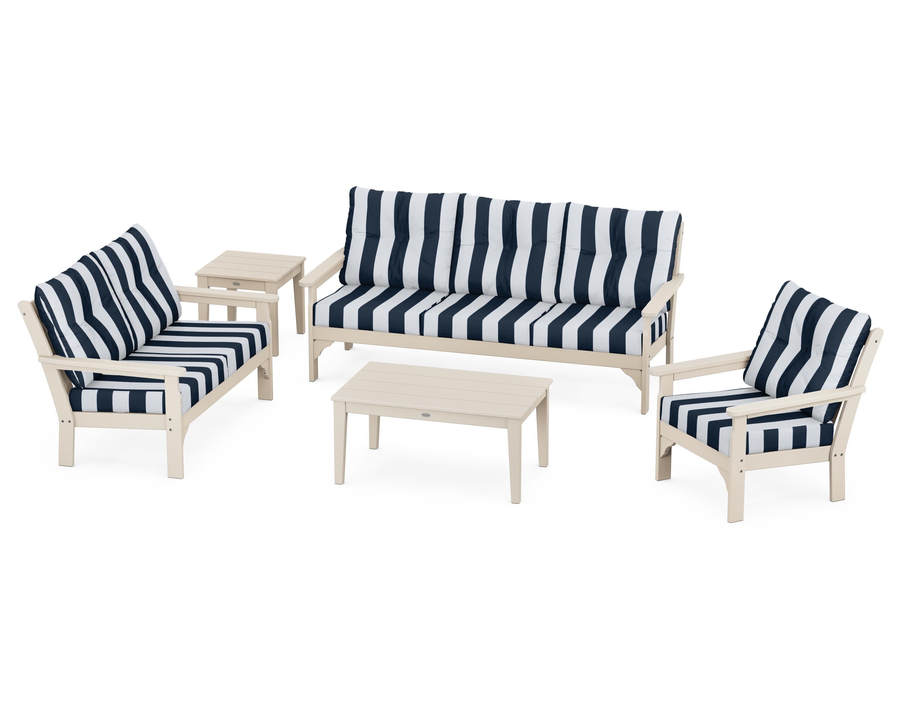 Vineyard 5 Piece Deep Seating Set in Sand / Cabana Stripe Marine Indigo