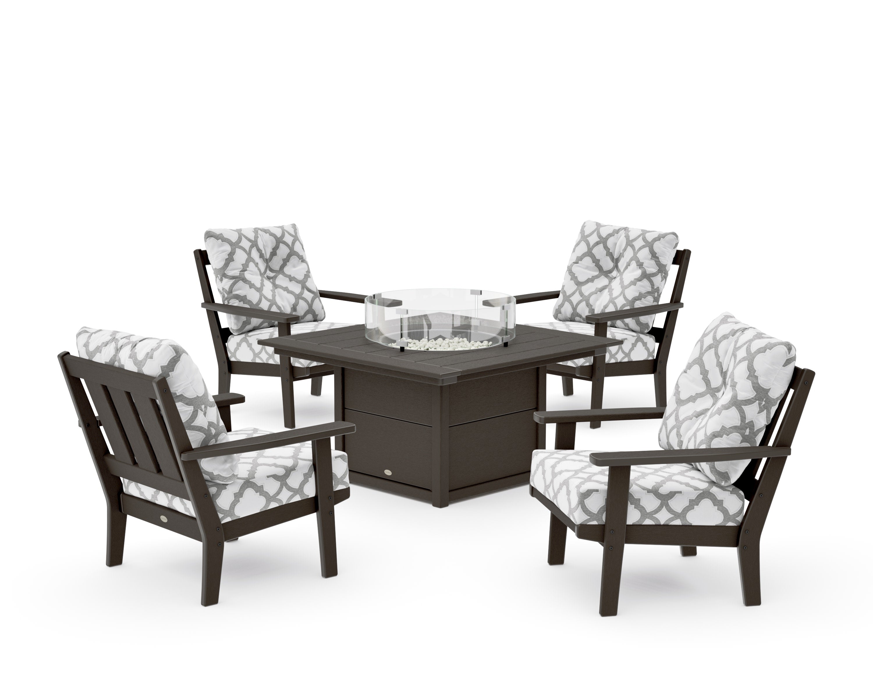 Oxford 5-Piece Deep Seating Set with Fire Pit Table in Vintage Coffee / Trellis Grey Mist