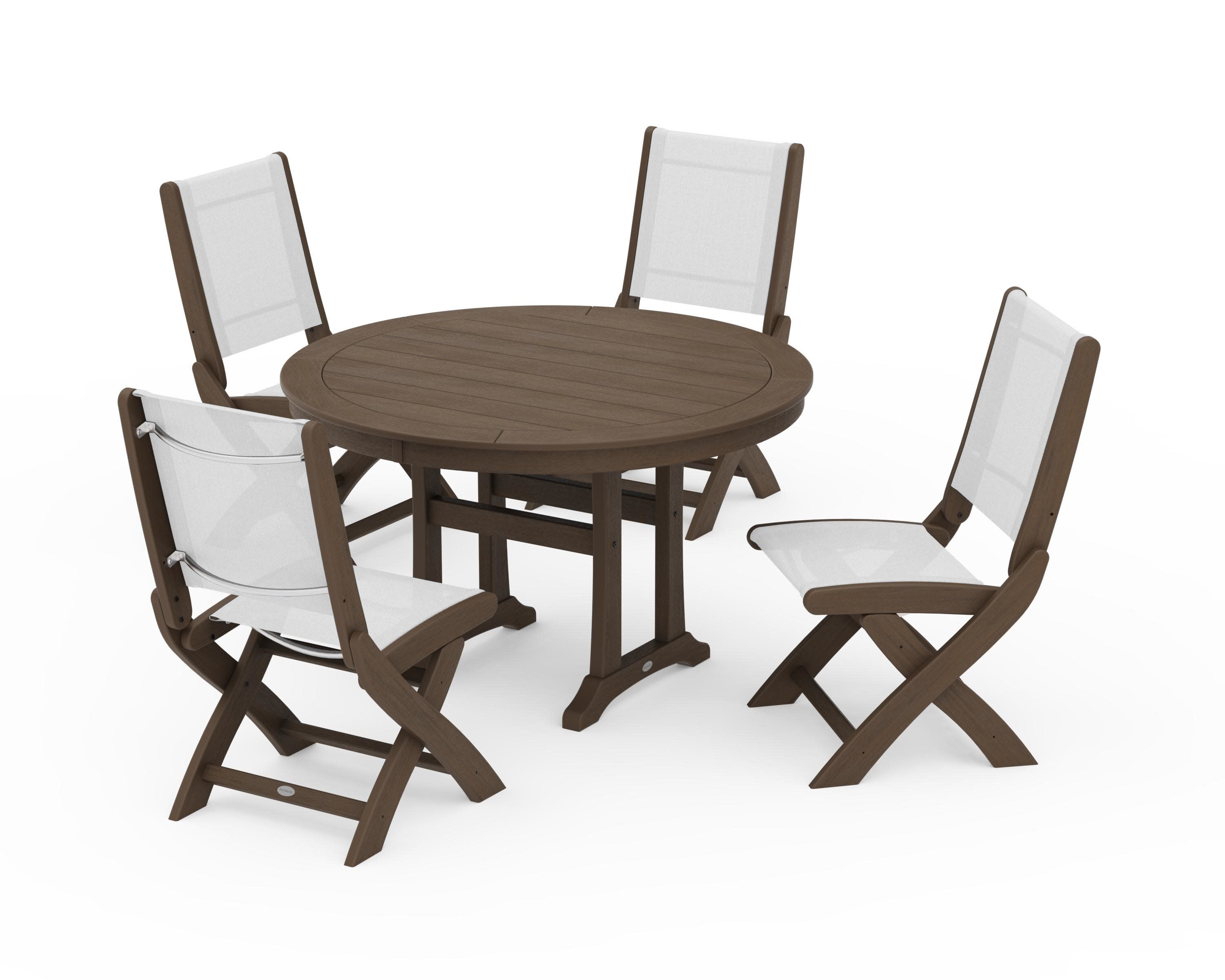 Coastal Folding Side Chair 5-Piece Round Dining Set With Trestle Legs in Kona / White Sling