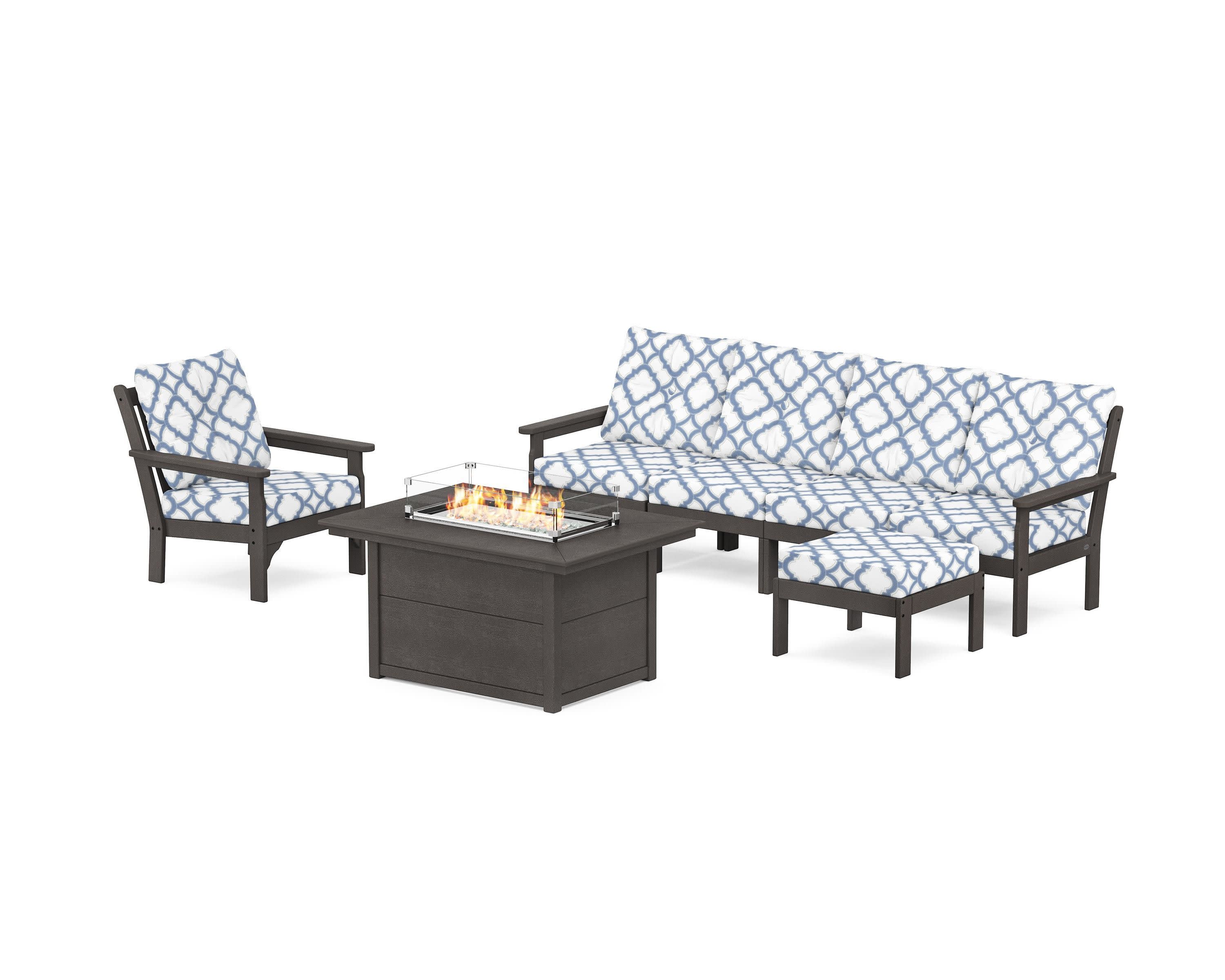Vineyard Sectional Lounge and Fire Pit Set in Vintage Coffee / Trellis Sky Blue