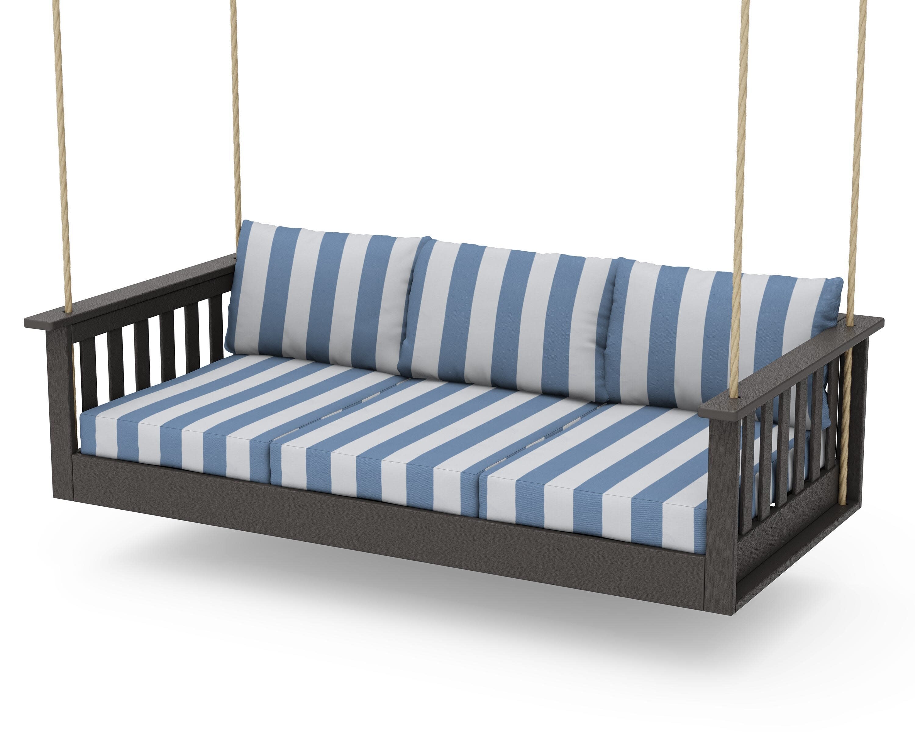 Vineyard Daybed Swing in Vintage Coffee / Cabana Stripe Sky Blue