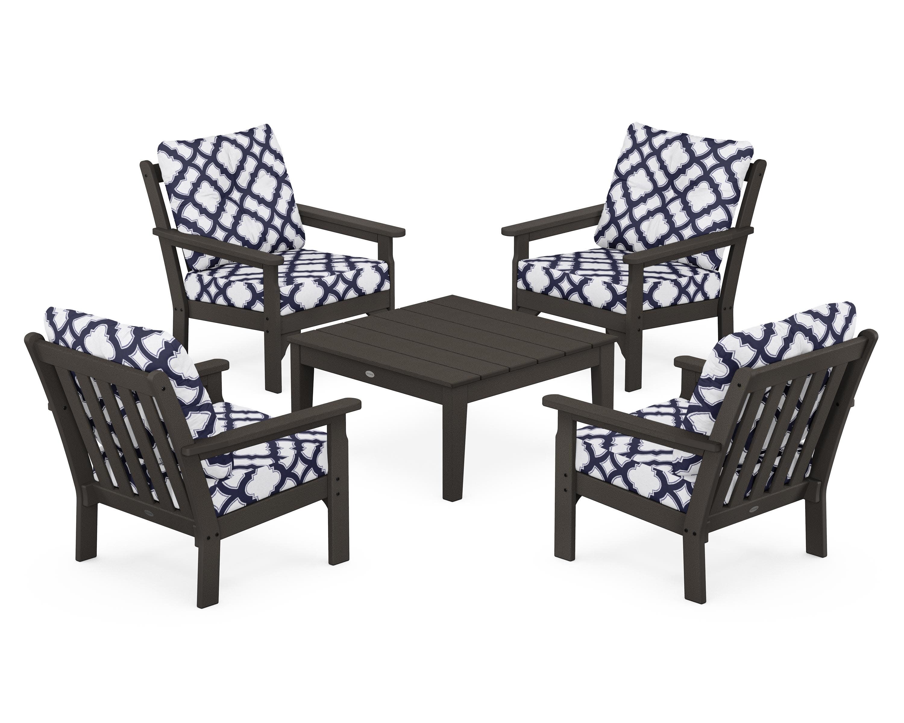 Vineyard 5-Piece Deep Seating Conversation Set in Vintage Coffee / Trellis Navy