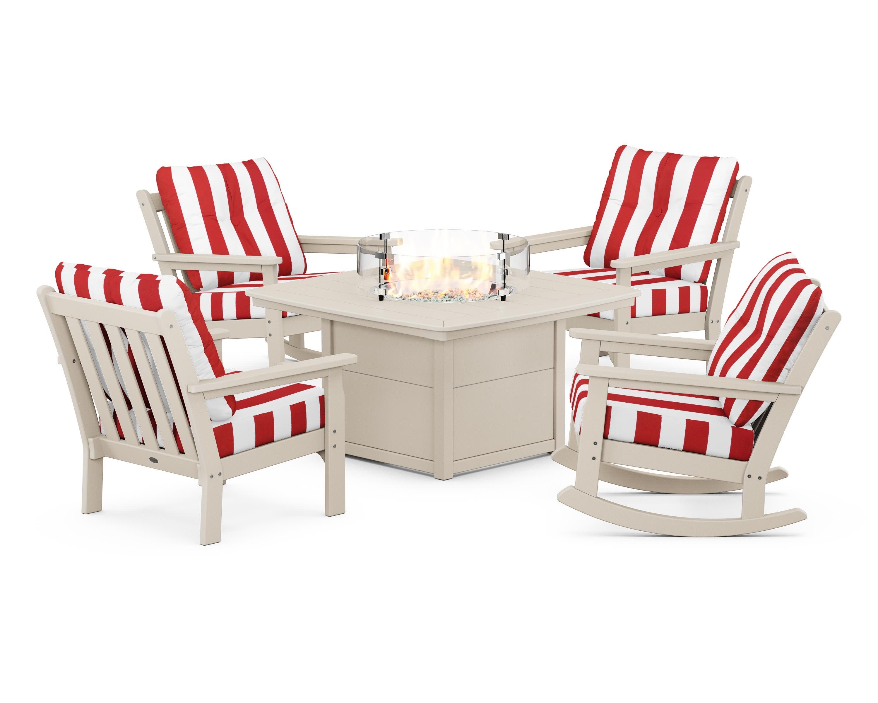 Vineyard 5-Piece Deep Seating Rocking Chair Conversation Set with Fire Pit Table in Sand / Cabana Stripe Crimson