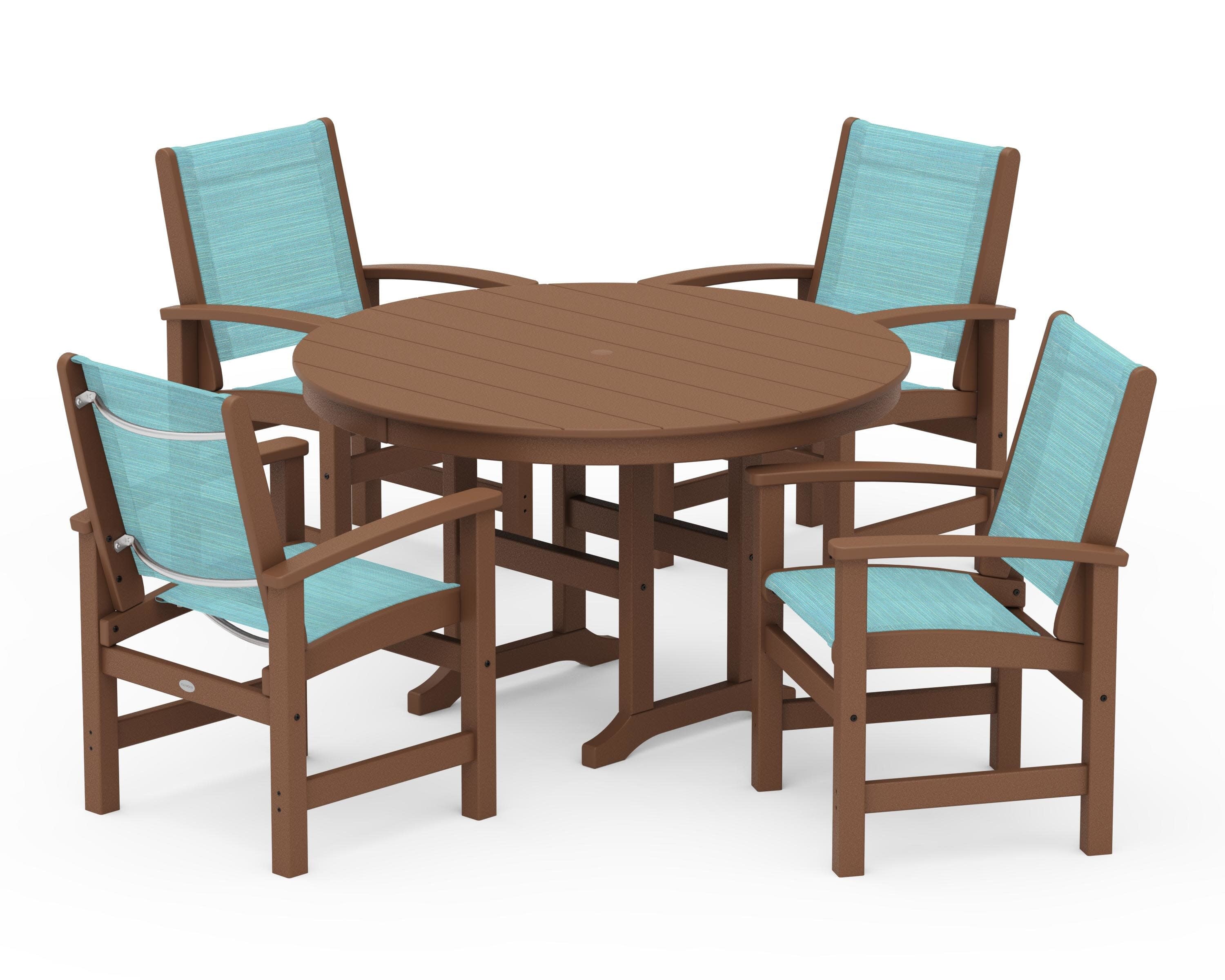 Coastal 5-Piece Round Farmhouse Dining Set in Teak / Dupioni Aquamarine Sling