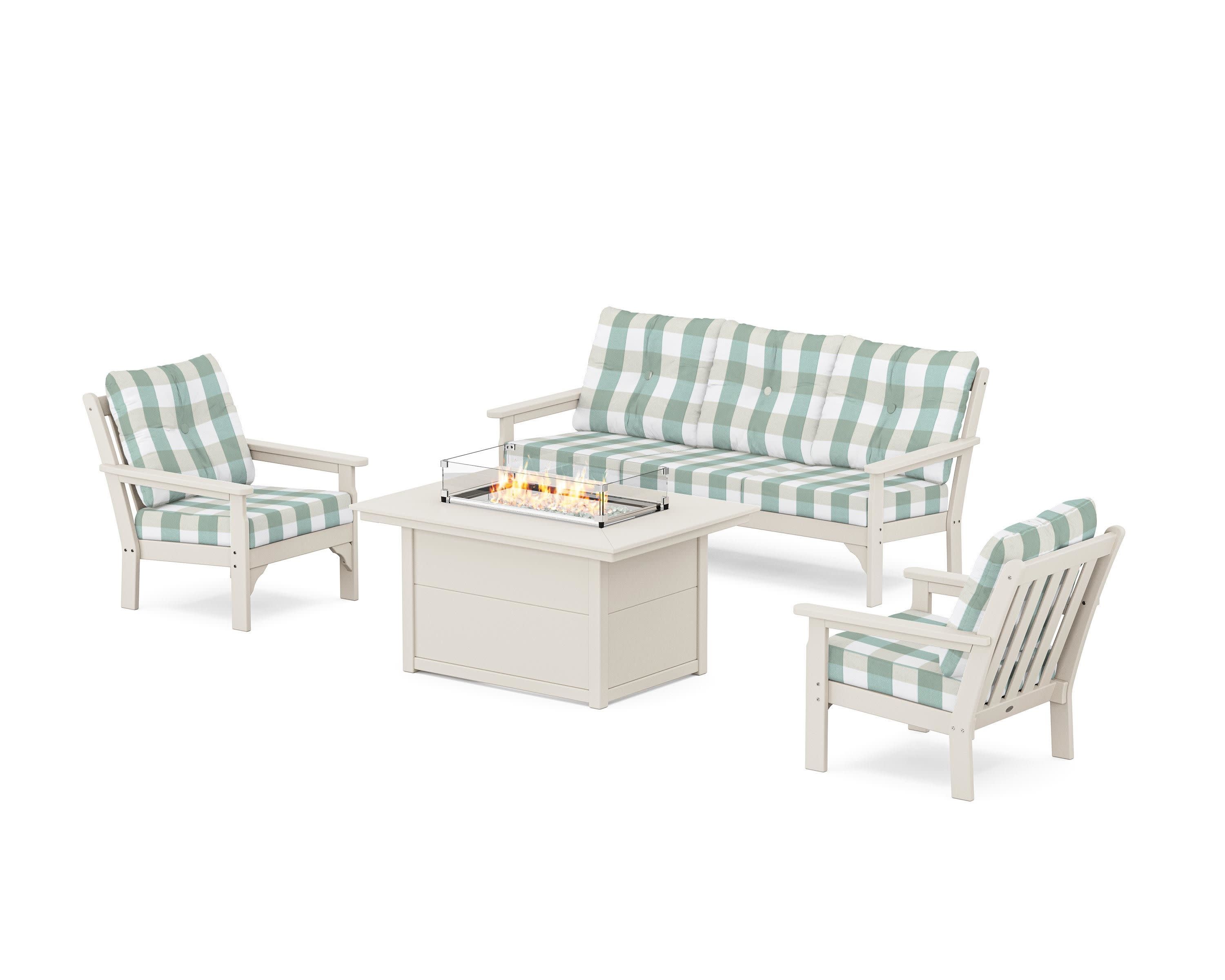 Vineyard Deep Seating Fire Pit Table Set in Sand / Buffalo Plaid Glacier Spa