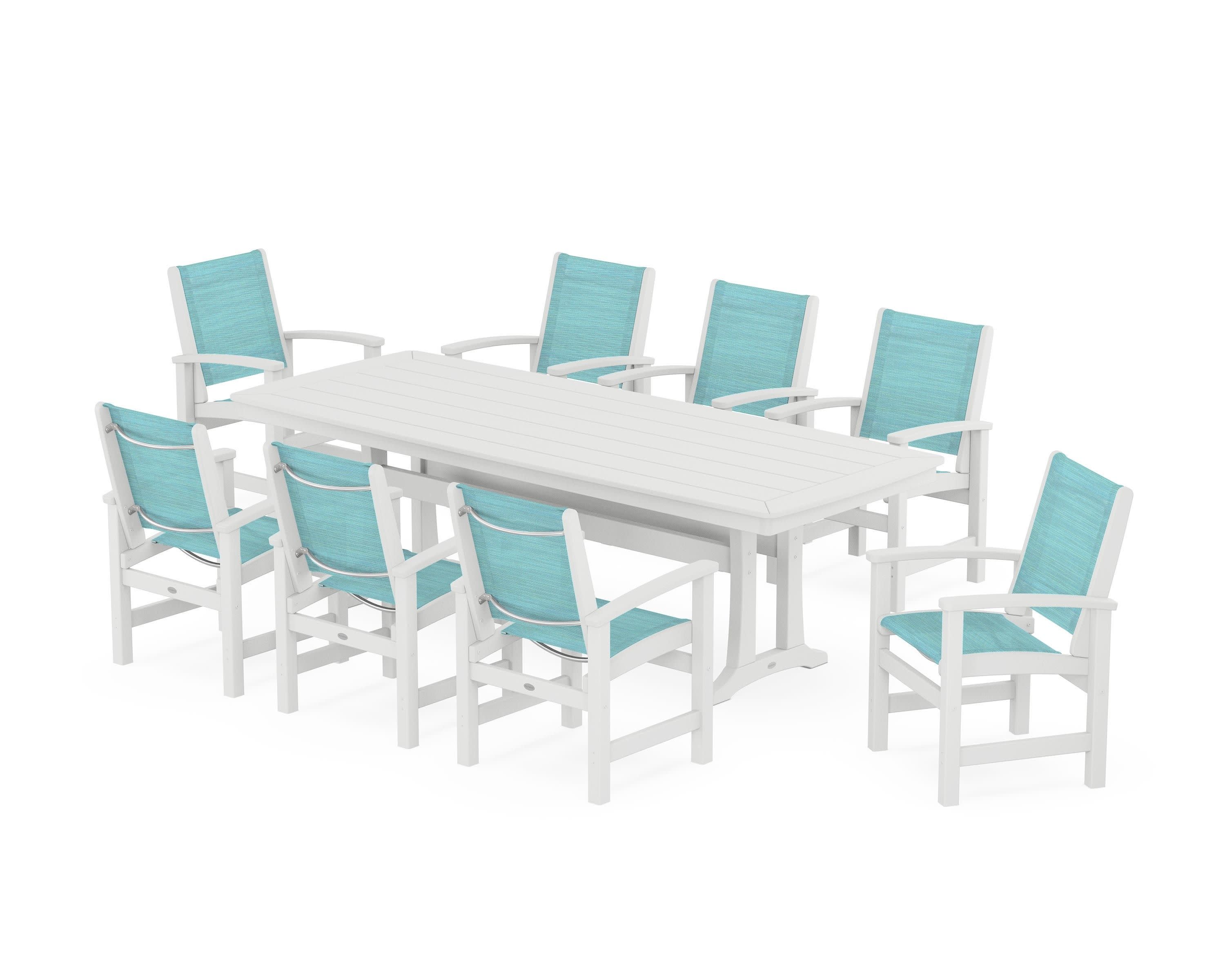 Coastal 9-Piece Dining Set with Trestle Legs in White / Dupioni Aquamarine Sling