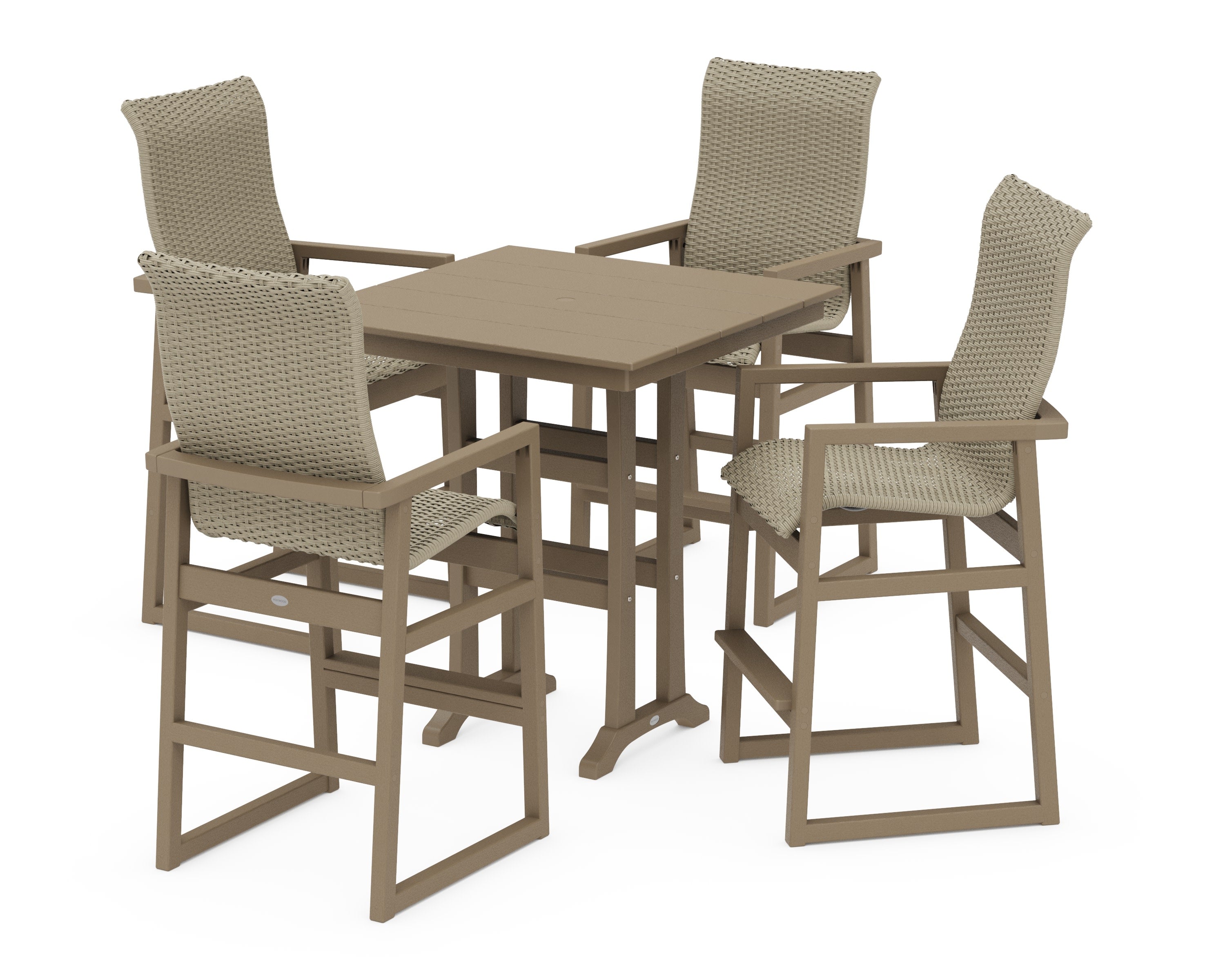 EDGE Woven Highback 5-Piece Farmhouse Bar Set with Trestle Legs in Vintage Sahara / Dune Grass