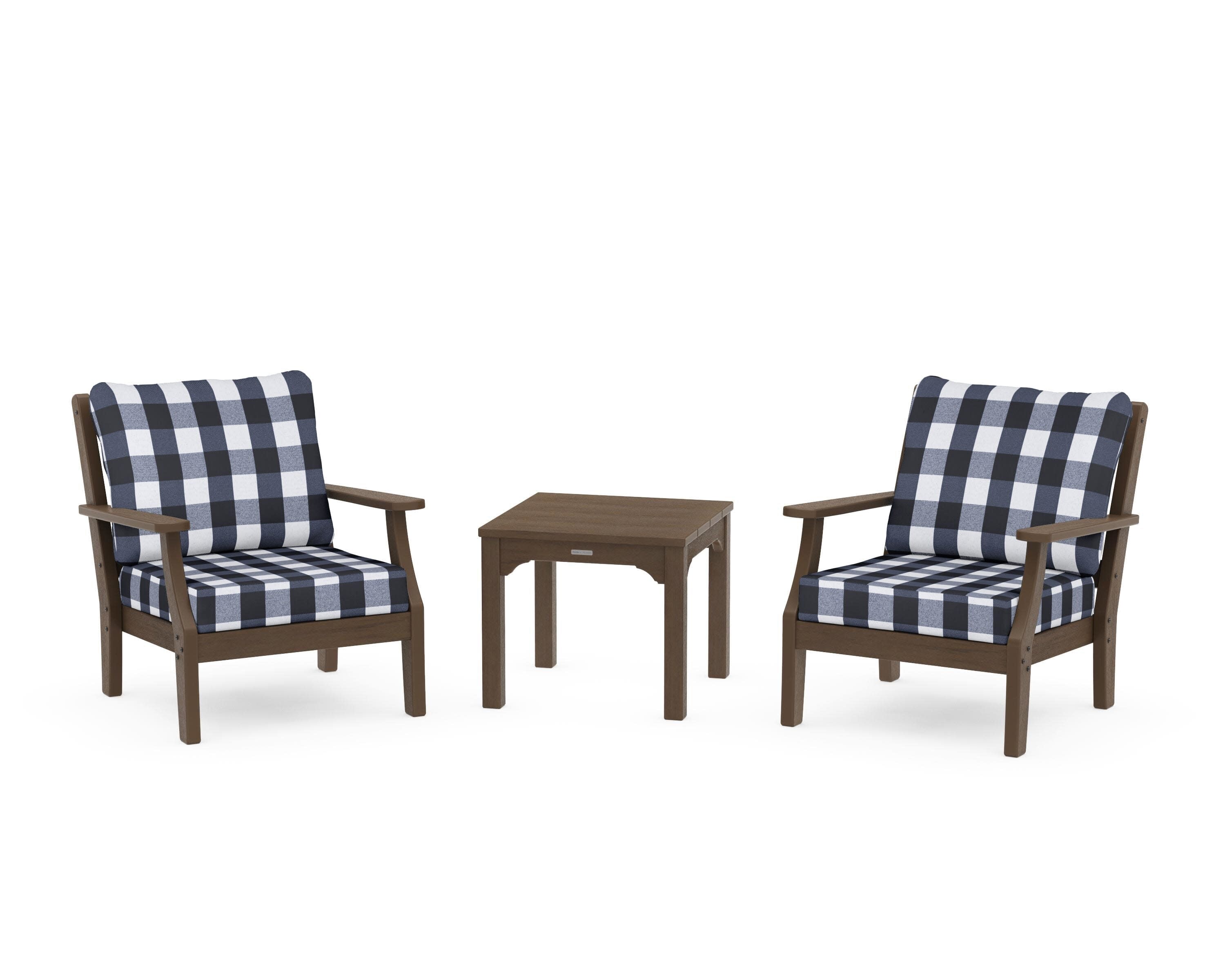 Chinoiserie 3-Piece Deep Seating Set in Kona / Buffalo Plaid Marine Indigo
