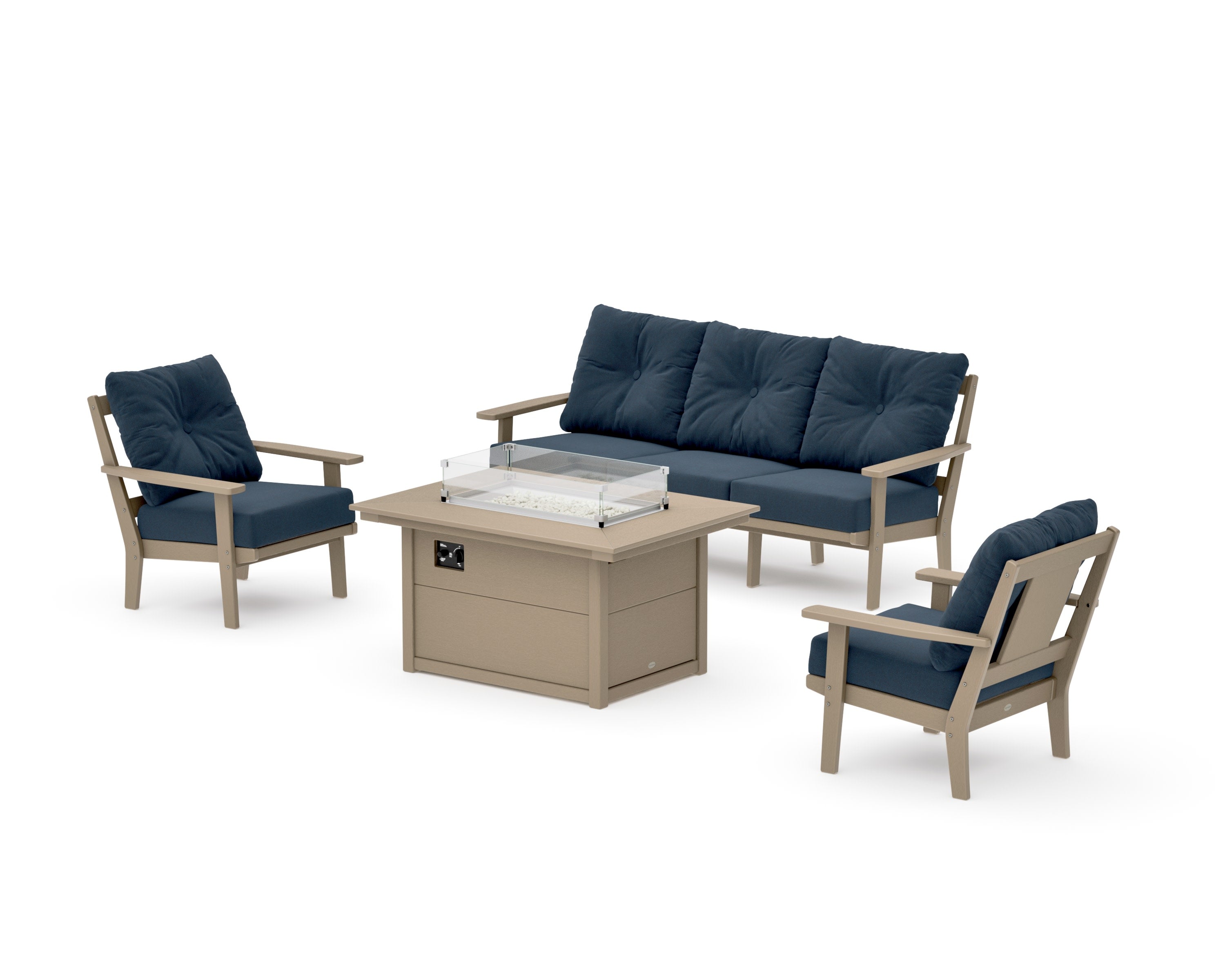 Prairie Deep Seating Fire Pit Table Set in Vintage Sahara / Marine Indigo