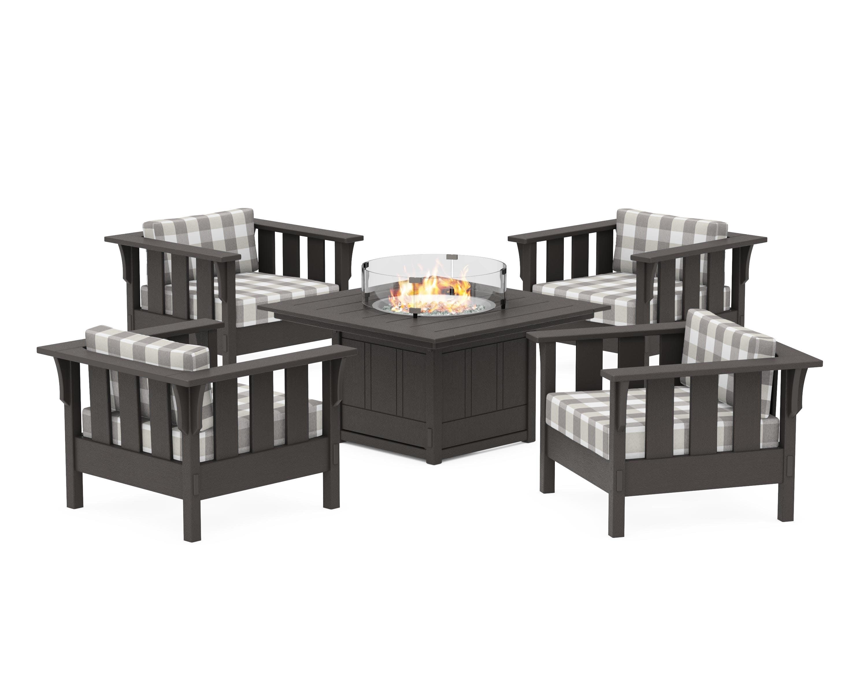 Acadia 5-Piece Deep Seating Set with Fire Pit Table in Vintage Coffee / Buffalo Plaid Grey Mist