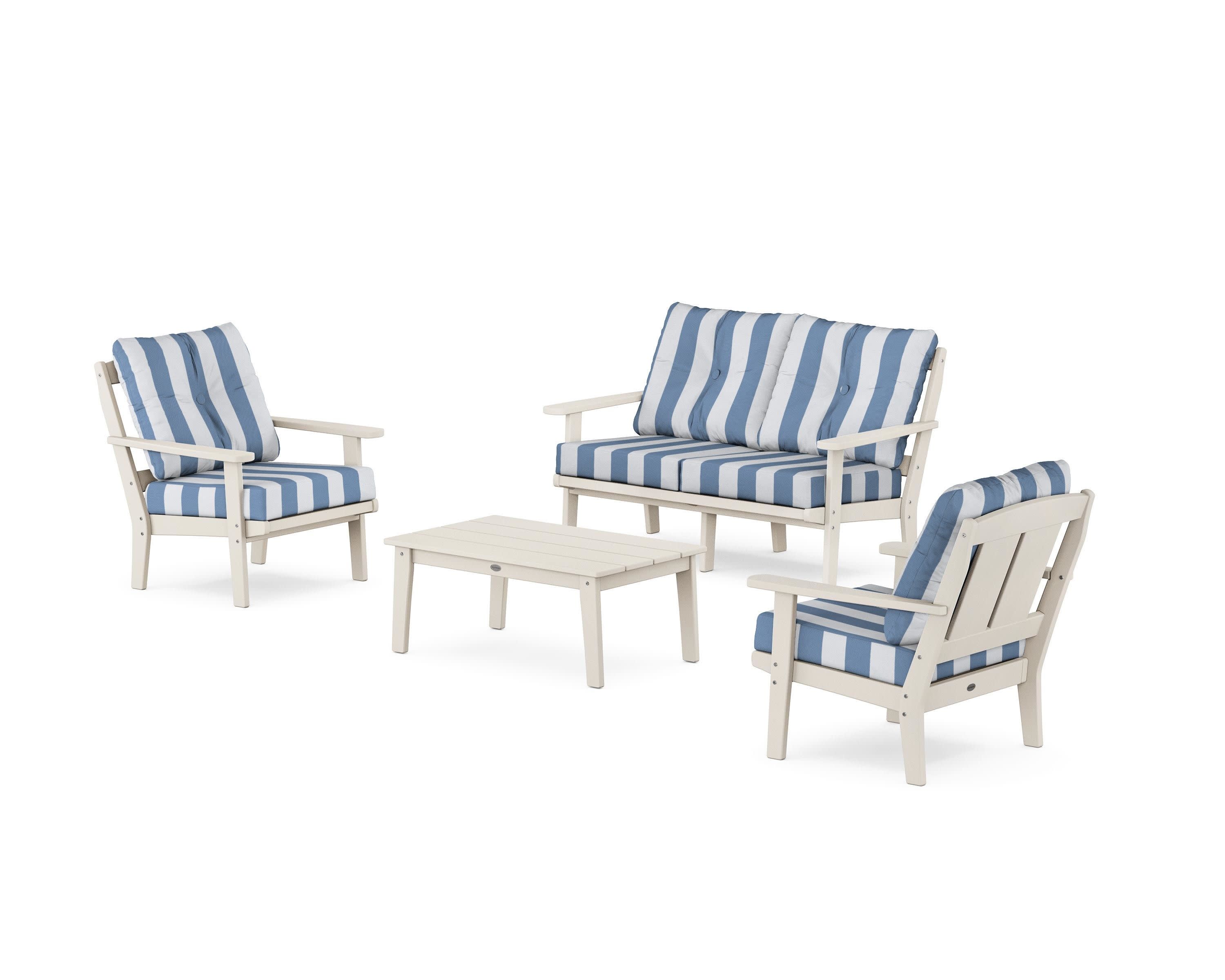 Mission 4-Piece Deep Seating Set with Loveseat in Sand / Cabana Stripe Sky Blue