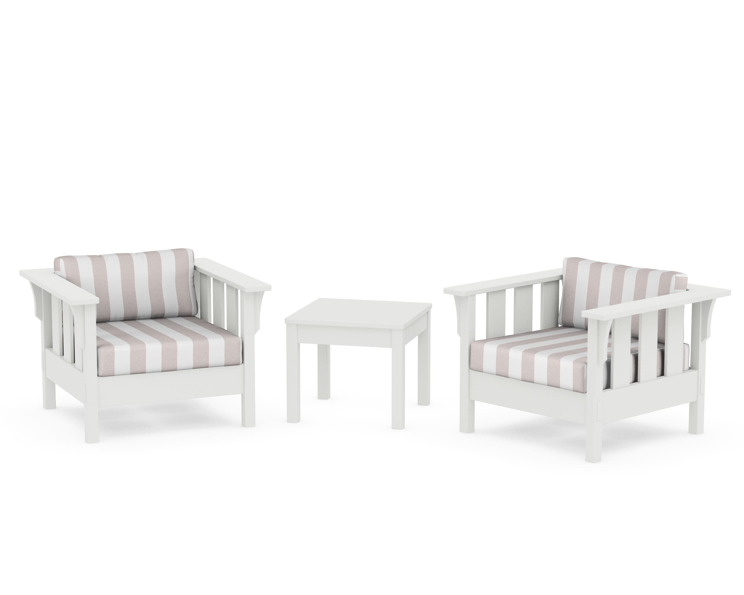 Acadia 3-Piece Deep Seating Set in Vintage White / Cabana Stripe Dune Burlap