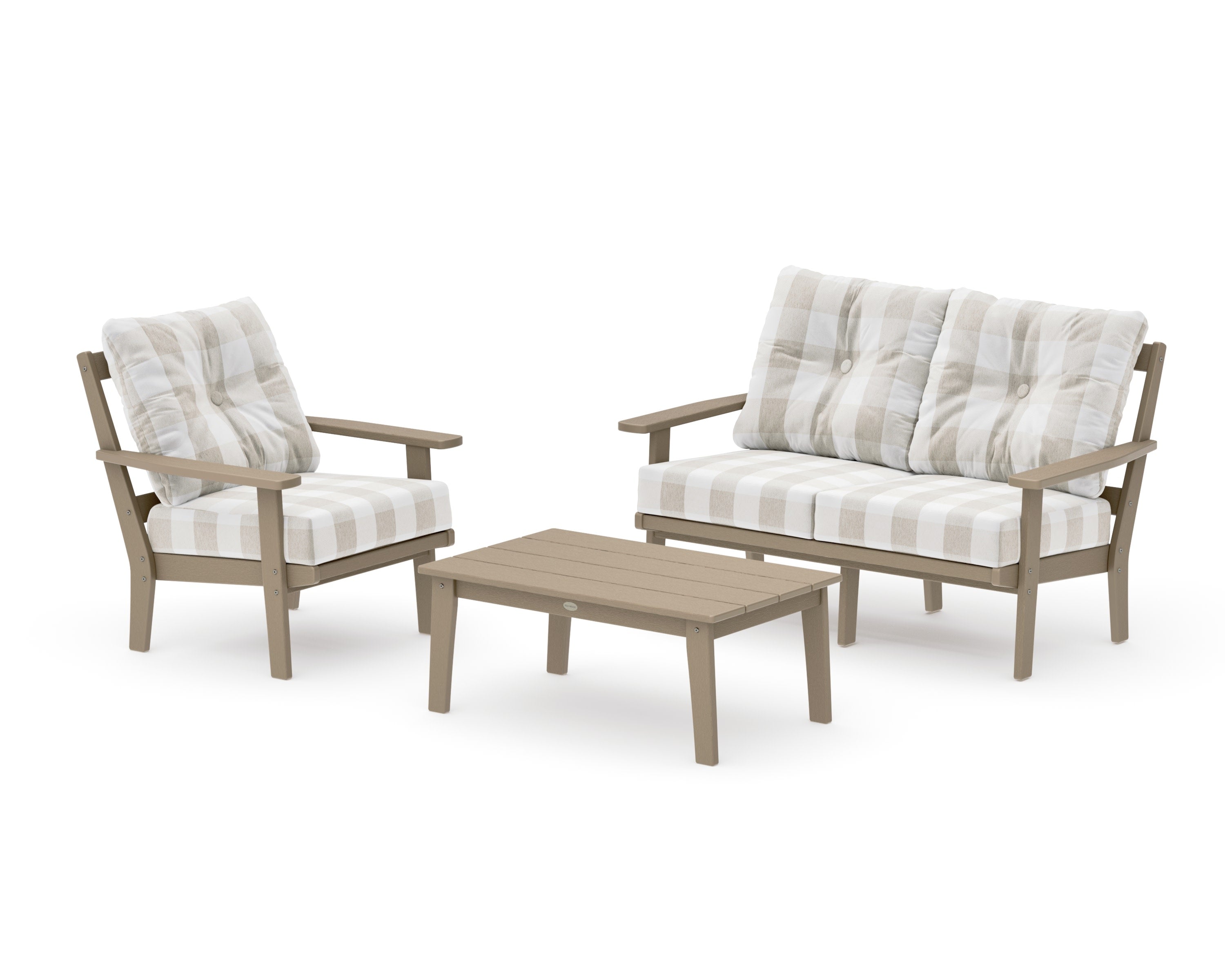 Prairie 3-Piece Deep Seating Set with Loveseat in Vintage Sahara / Buffalo Plaid Dune Burlap