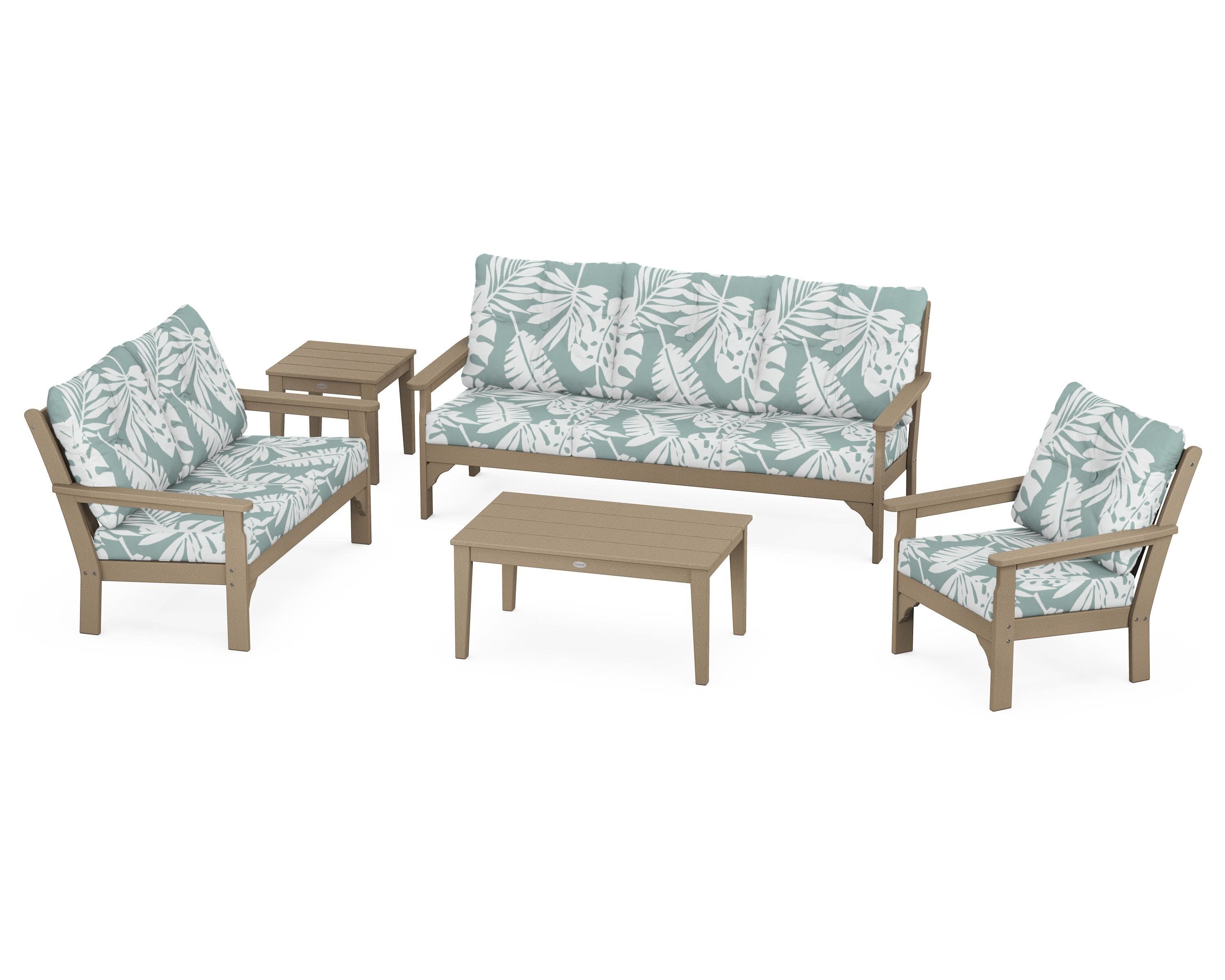 Vineyard 5 Piece Deep Seating Set in Vintage Sahara / Leaf Glacier Spa