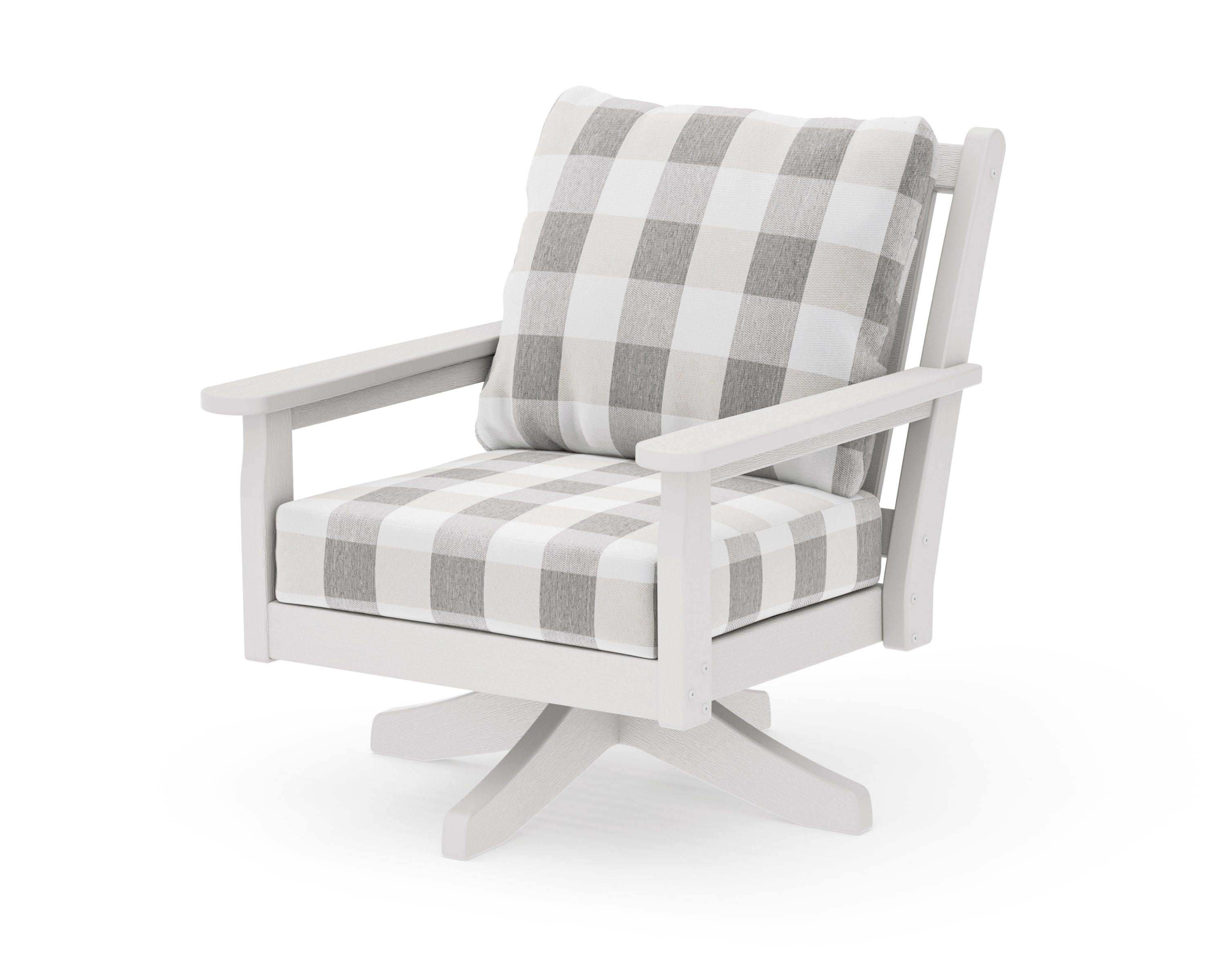 Chippendale Deep Seating Swivel Chair in Vintage White / Buffalo Plaid Grey Mist