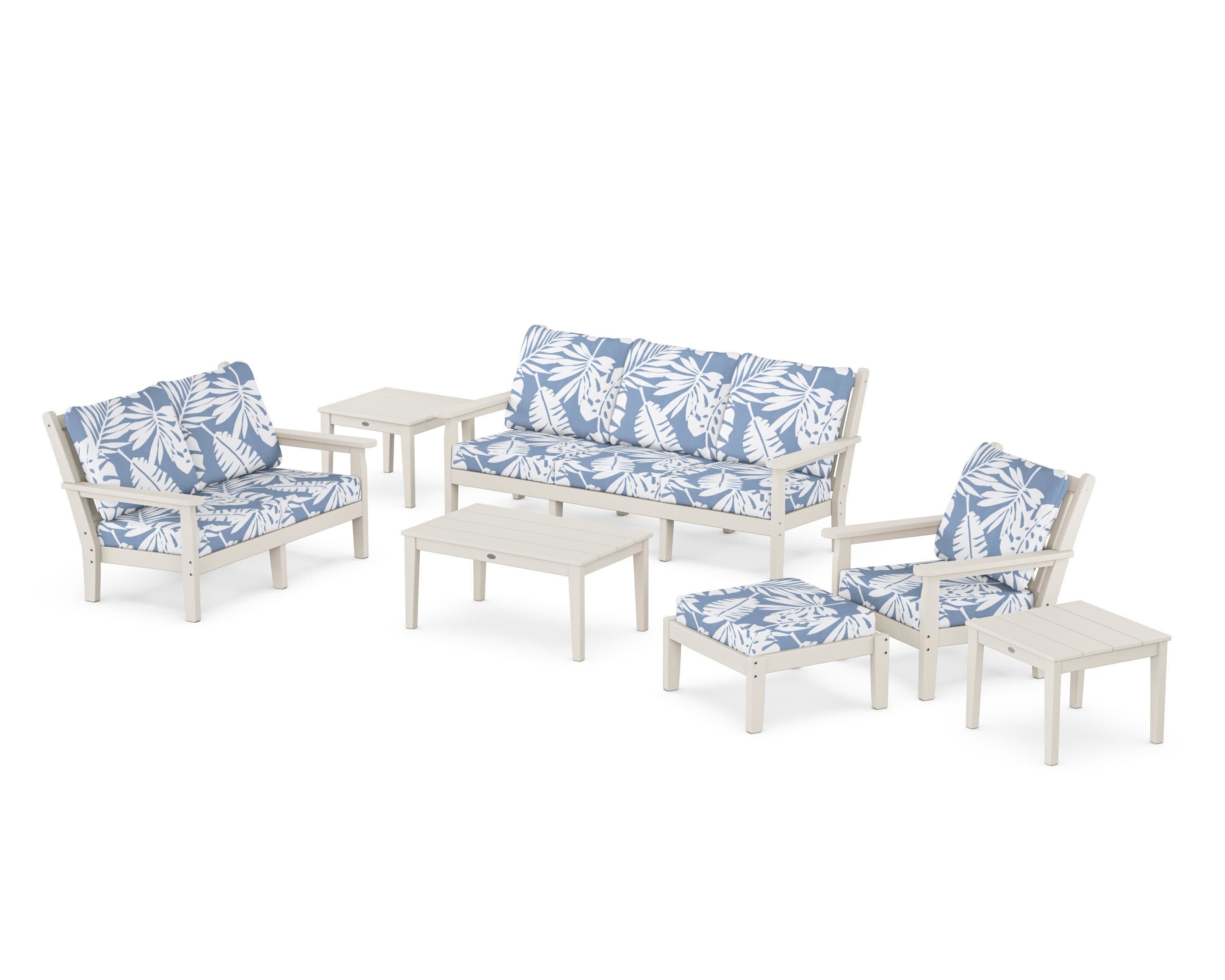Chippendale 7-Piece Deep Seating Set in Sand / Leaf Sky Blue