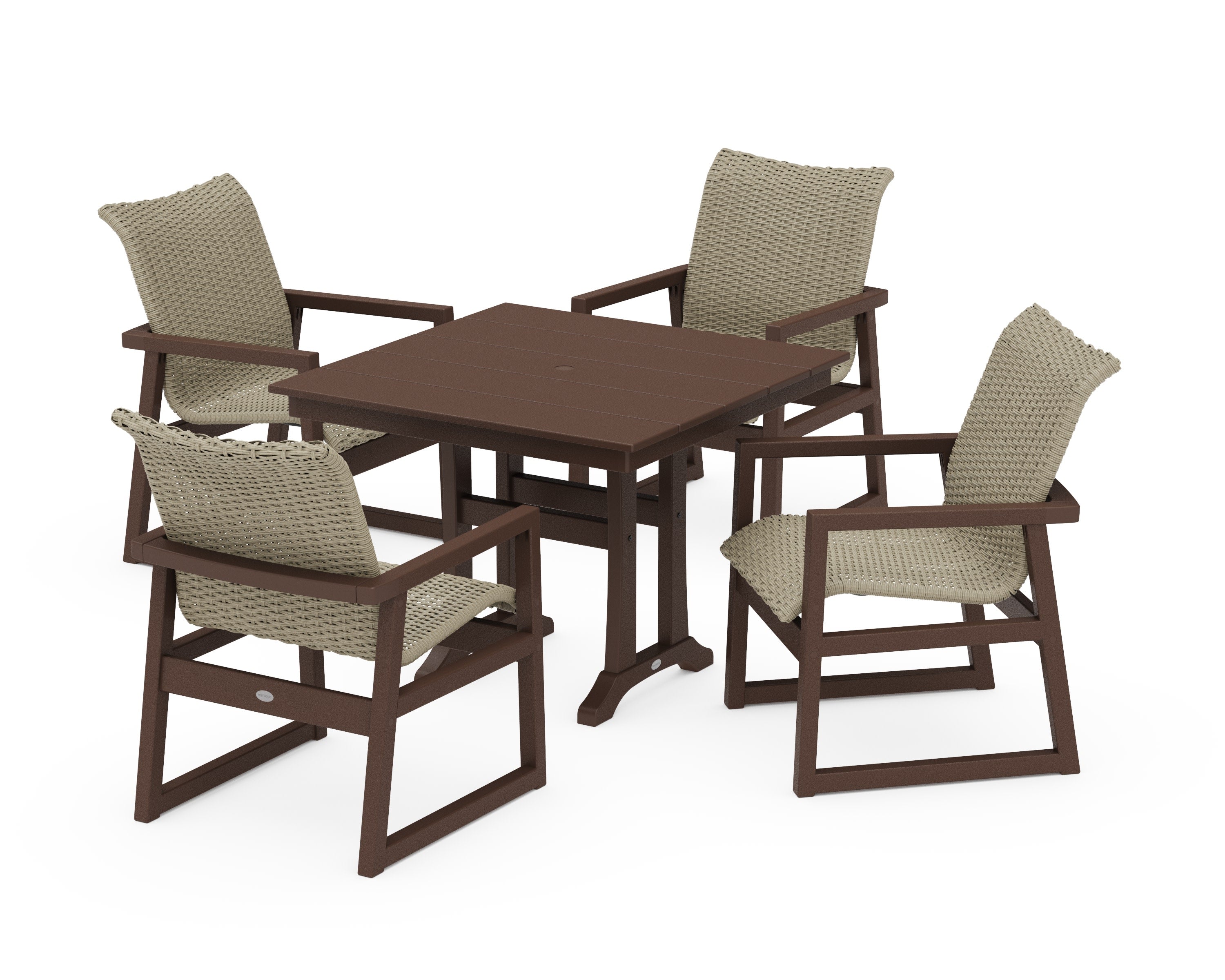 EDGE Woven 5-Piece Farmhouse Dining Set with Trestle Legs in Mahogany / Dune Grass