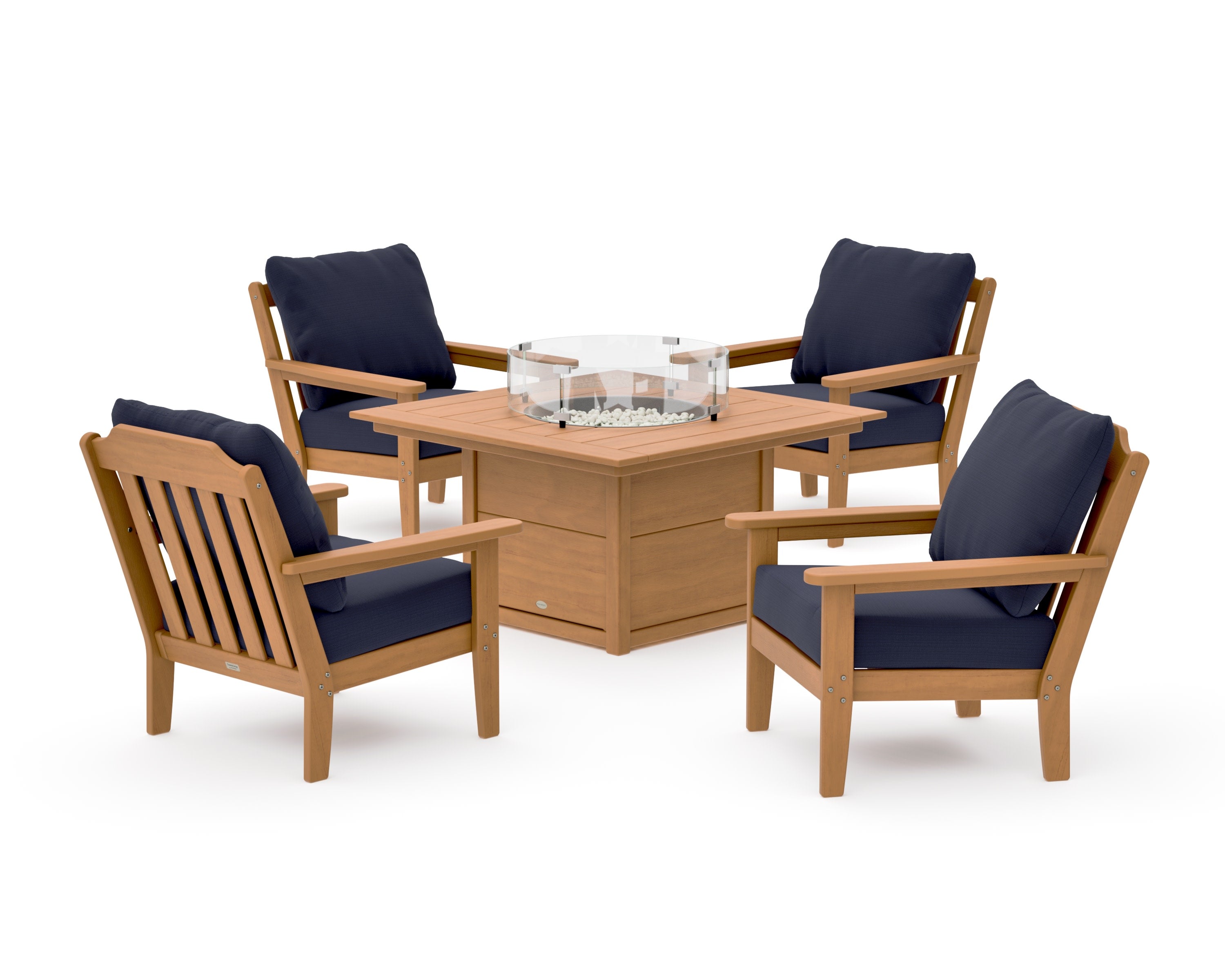 Cottage 5-Piece Deep Seating Set with Fire Pit Table in Natural / Navy Linen