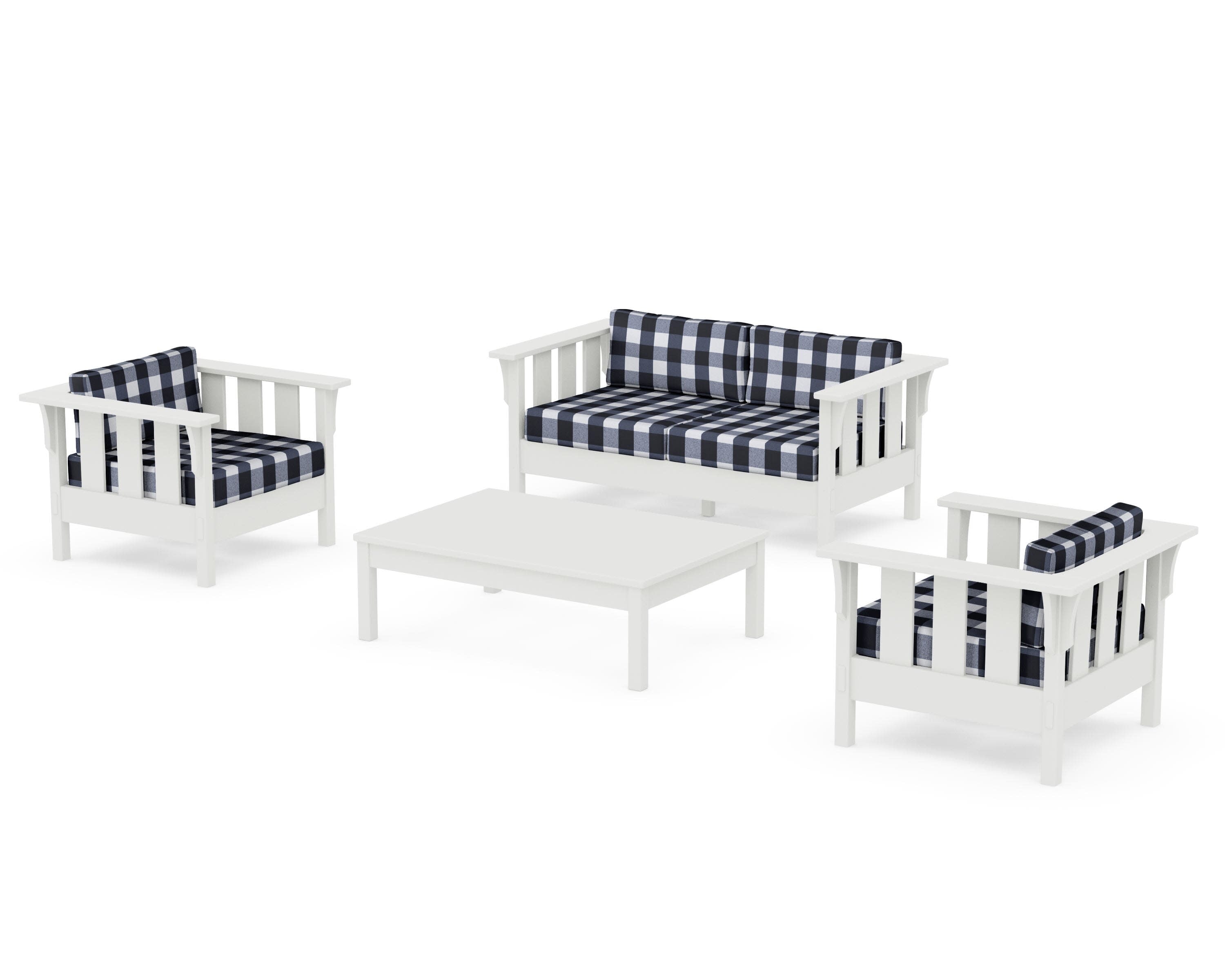 Acadia 4-Piece Deep Seating Set with Loveseat in Vintage White / Buffalo Plaid Marine Indigo