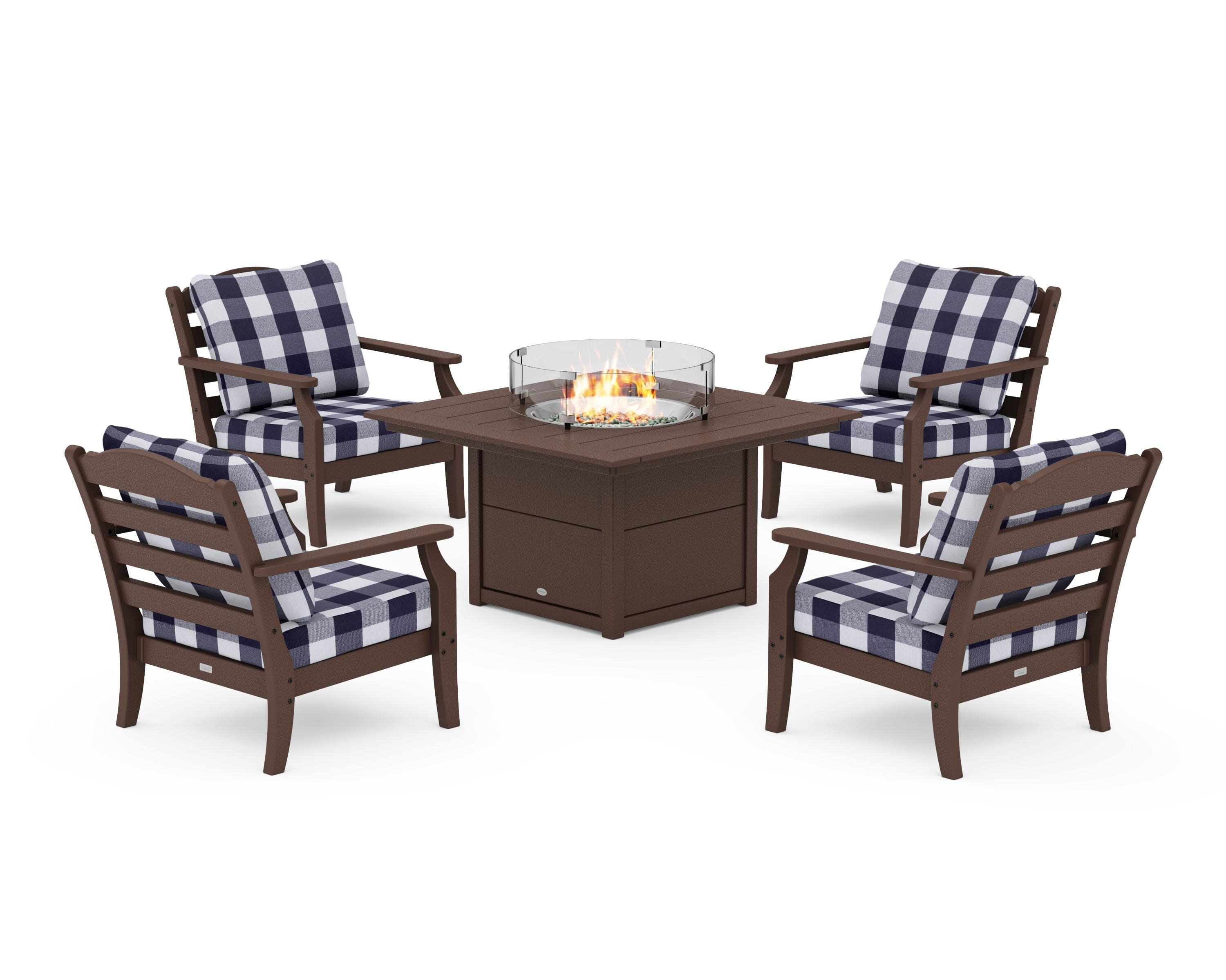 Savannah 5-Piece Deep Seating Set with Fire Pit Table in Mahogany / Buffalo Plaid Navy