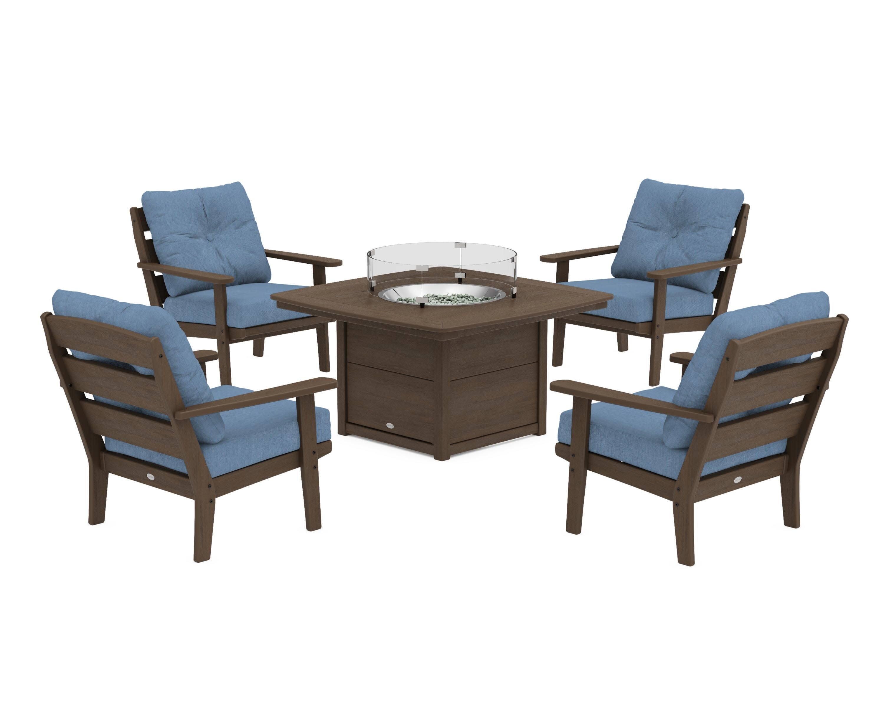 Lakeside 5-Piece Deep Seating Set with Nautical Fire Pit Table in Kona / Sky Blue