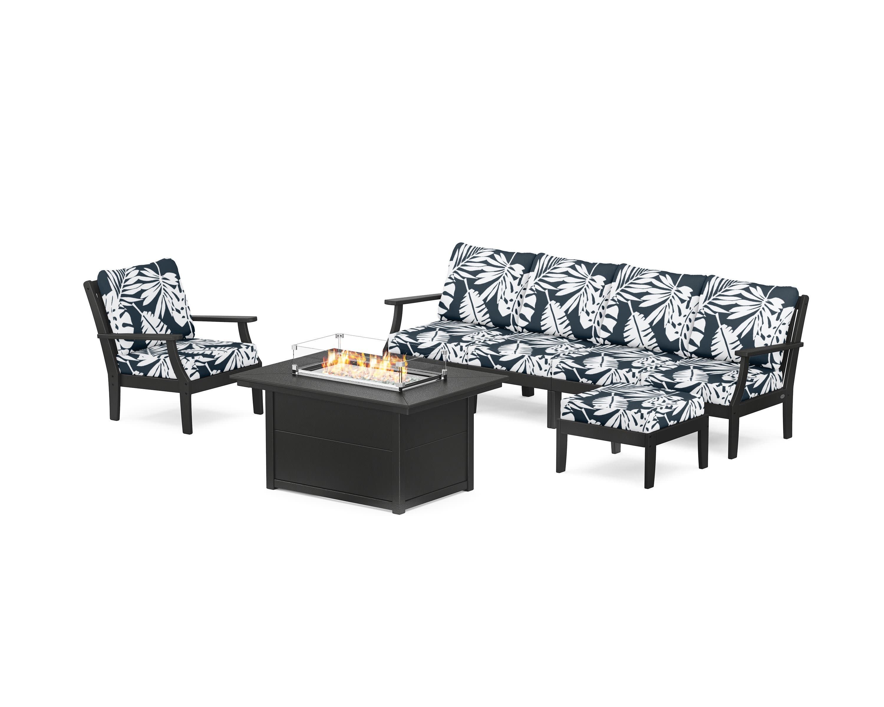 Braxton Sectional Lounge and Fire Pit Set in Black / Leaf Marine Indigo