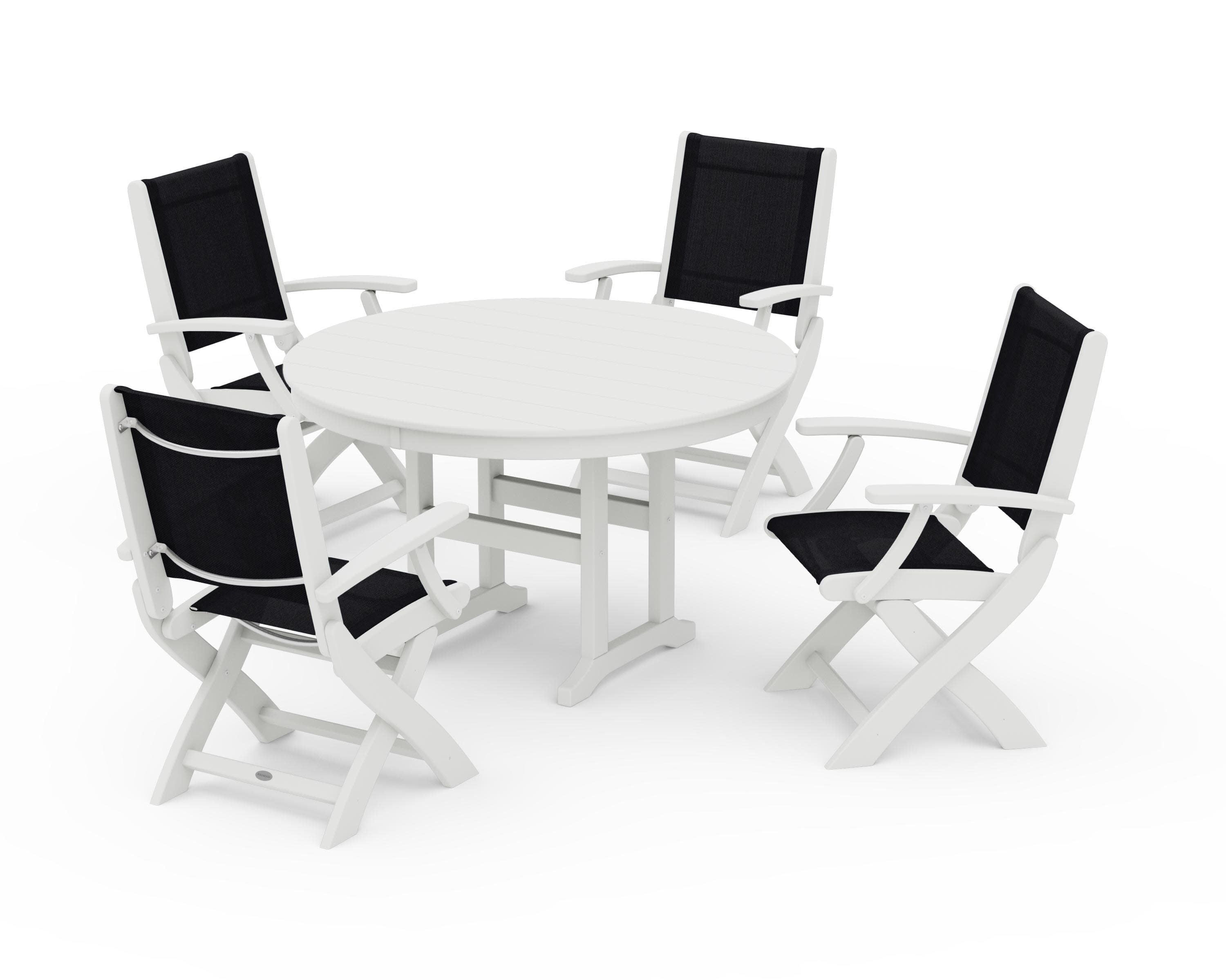 Coastal Folding Chair 5-Piece Round Dining Set in Vintage White / Black Sling