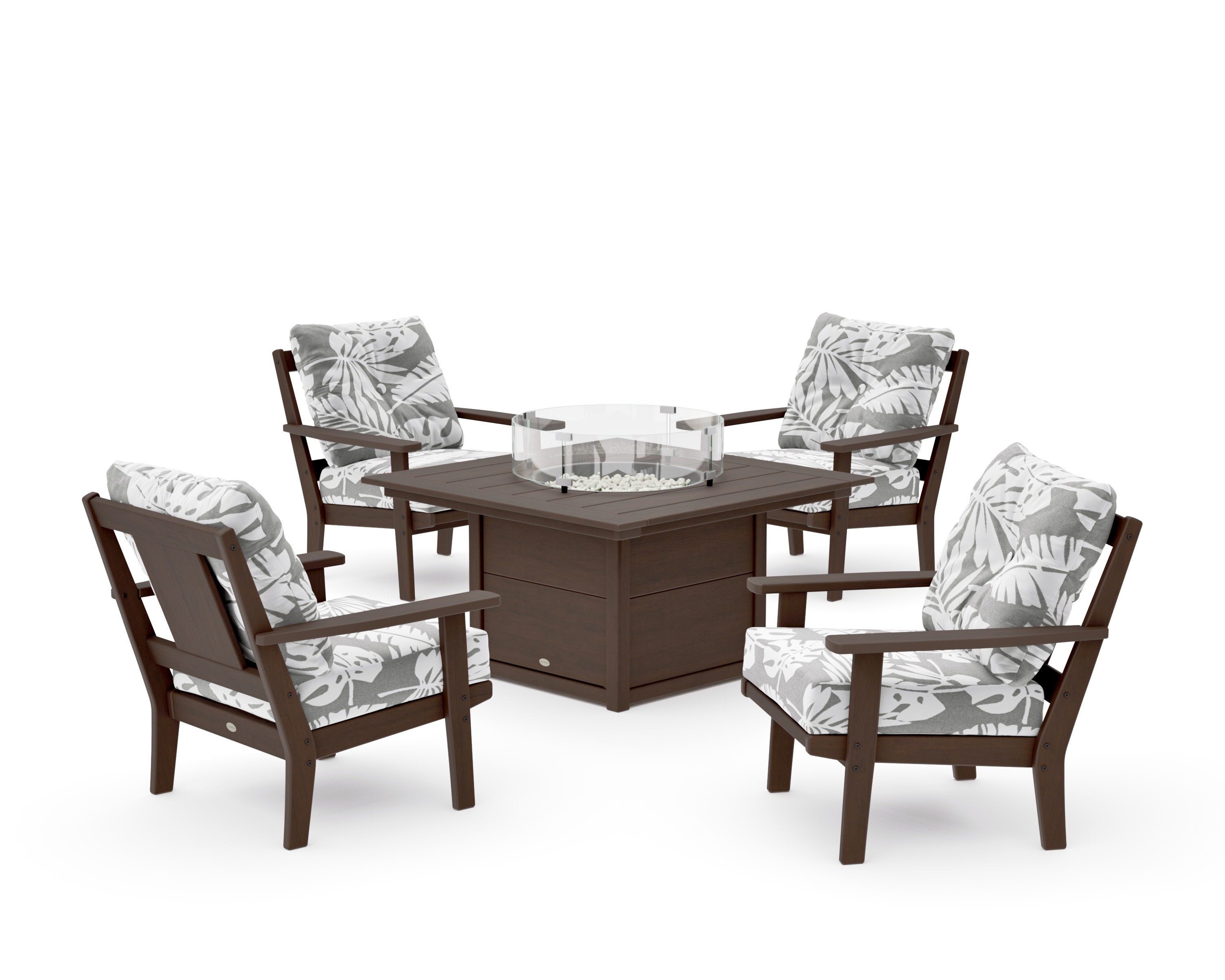 Prairie 5-Piece Deep Seating Set with Fire Pit Table in Kona / Leaf Grey Mist