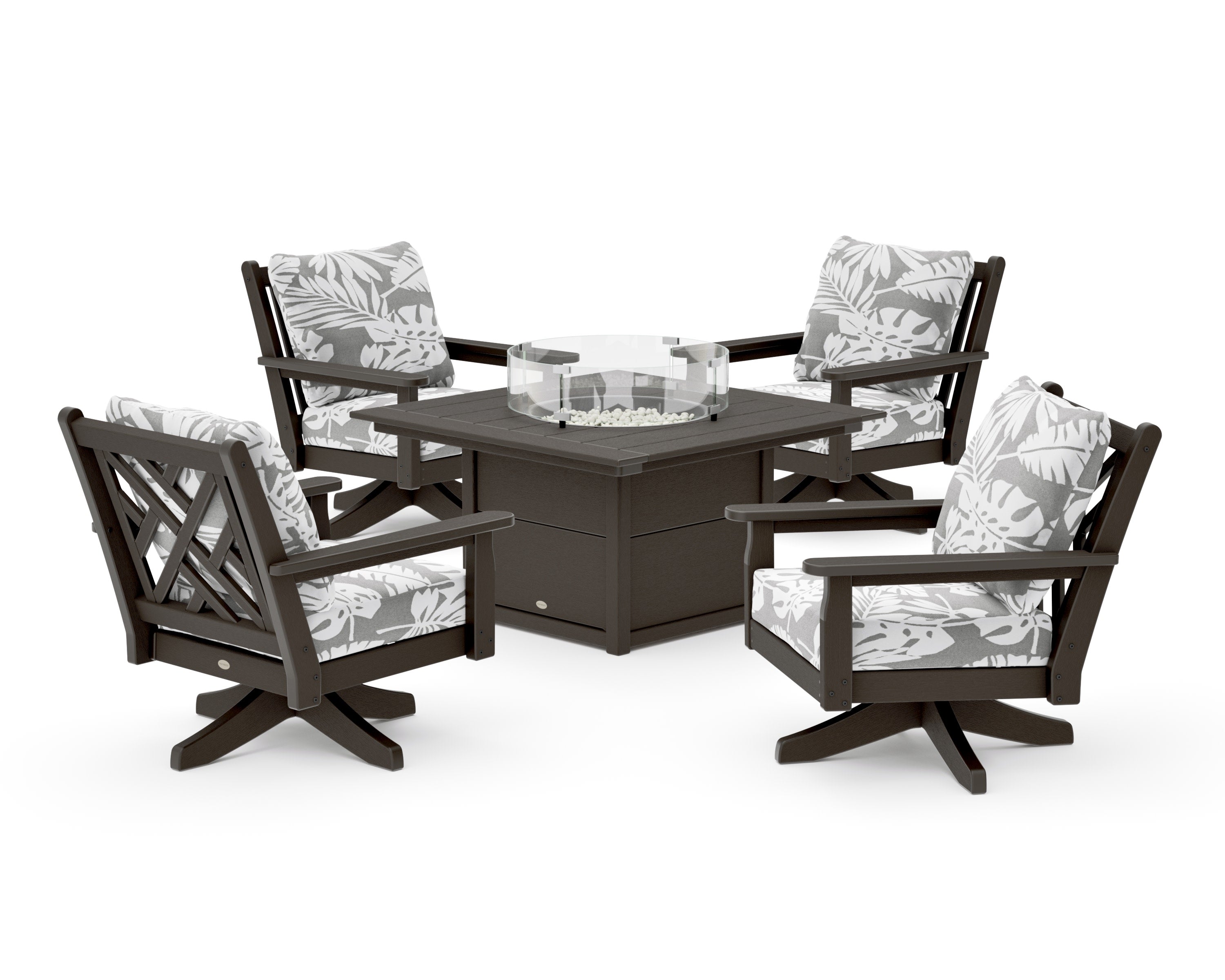 Chippendale 5-Piece Deep Seating Swivel Conversation Set with Fire Pit Table in Vintage Coffee / Leaf Grey Mist