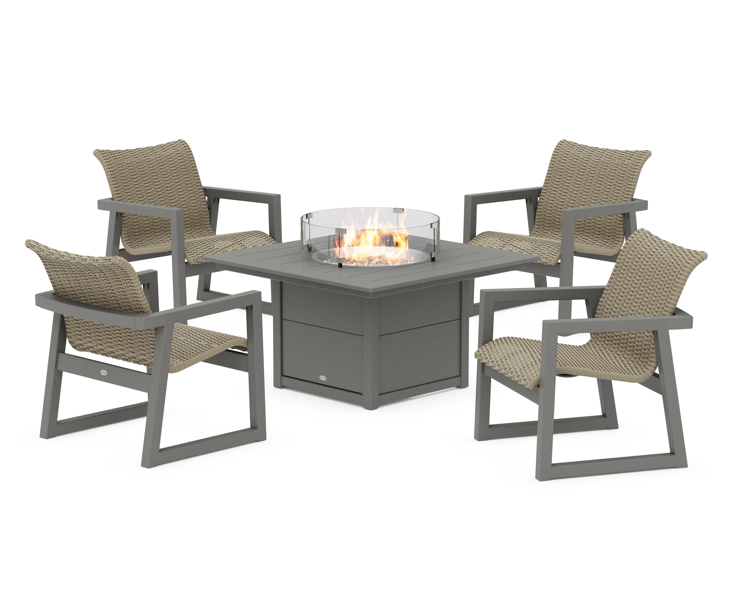 EDGE Woven 5-Piece Lounge Chair Seating Set with Fire Pit Table in Slate Grey / Dune Grass