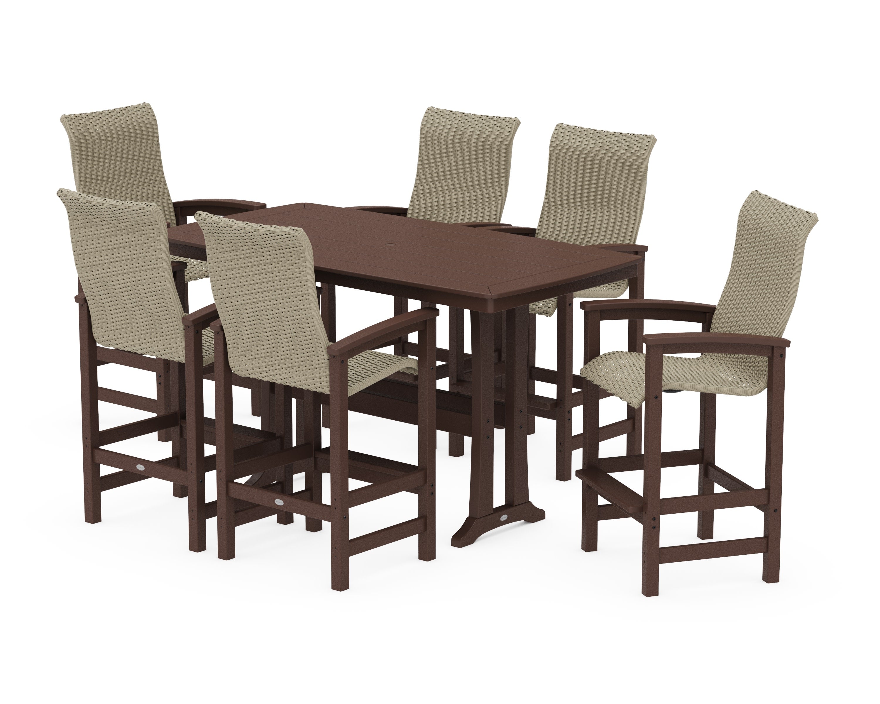 Coastal Woven High-Back Arm Chair 7-Piece Bar Set with Trestle Legs in Mahogany / Dune Grass
