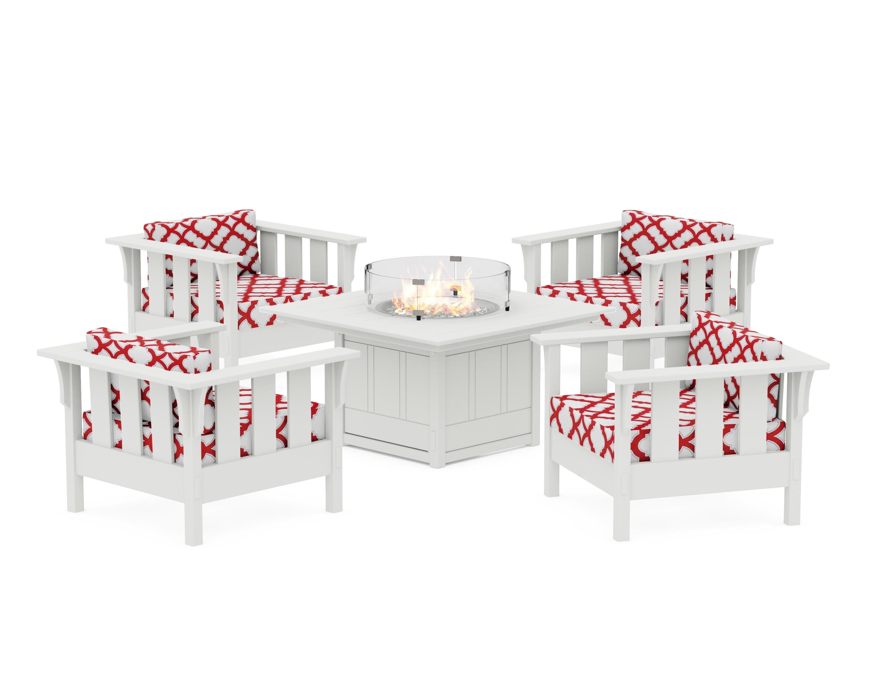 Acadia 5-Piece Deep Seating Set with Fire Pit Table in White / Trellis Crimson