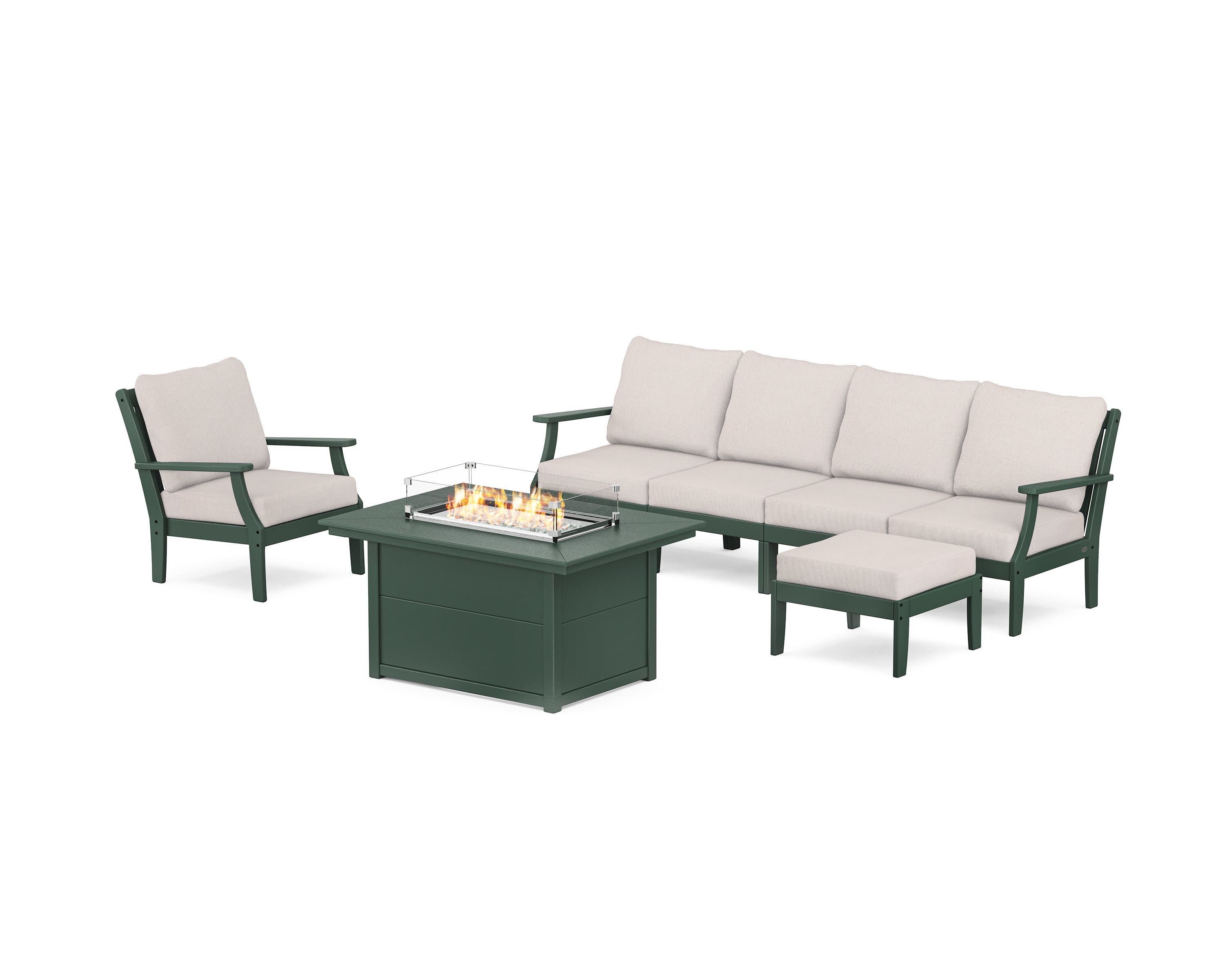 Braxton Sectional Lounge and Fire Pit Set in Green / Dune Burlap