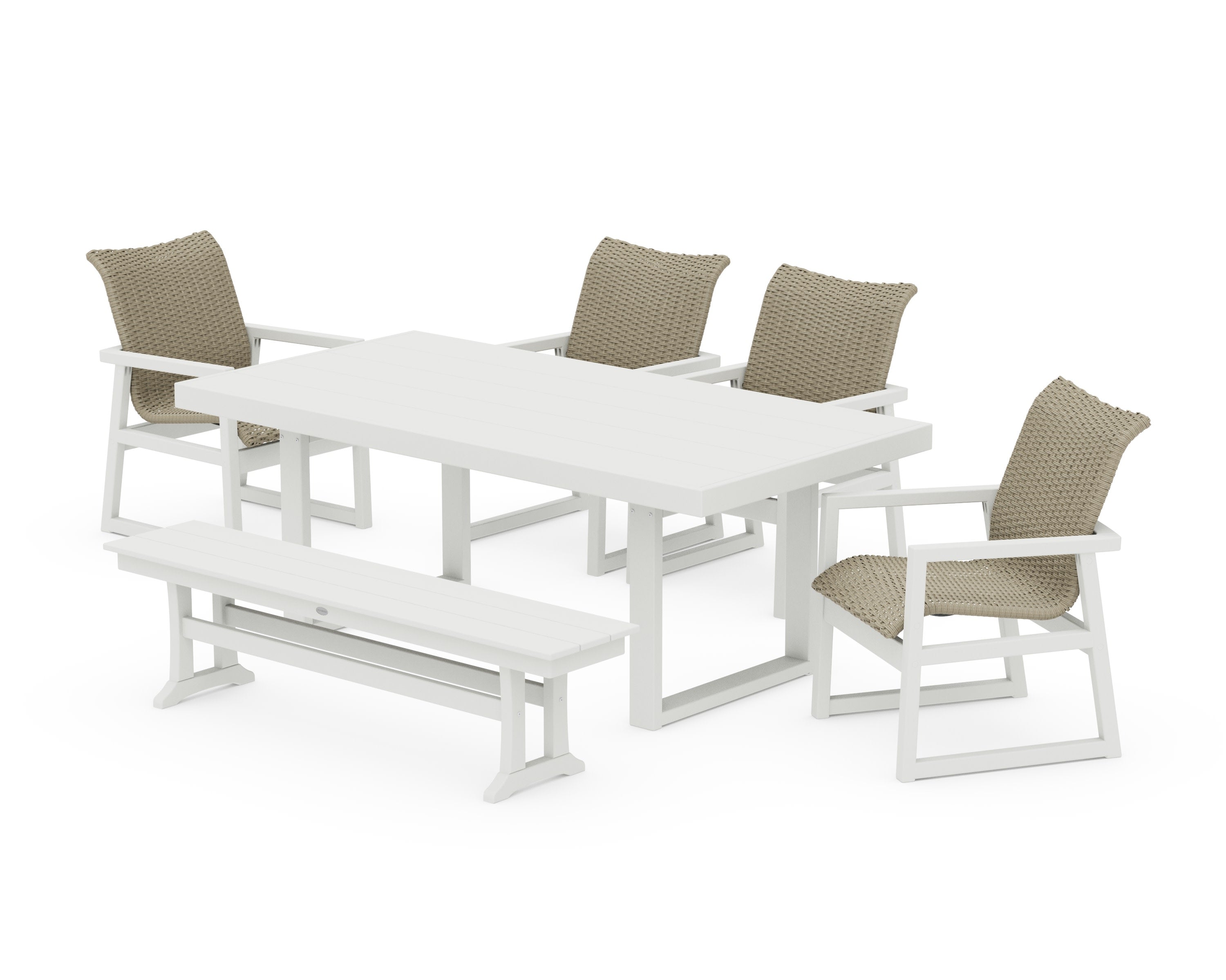 EDGE Woven 6-Piece Dining Set with Bench in Vintage White / Dune Grass