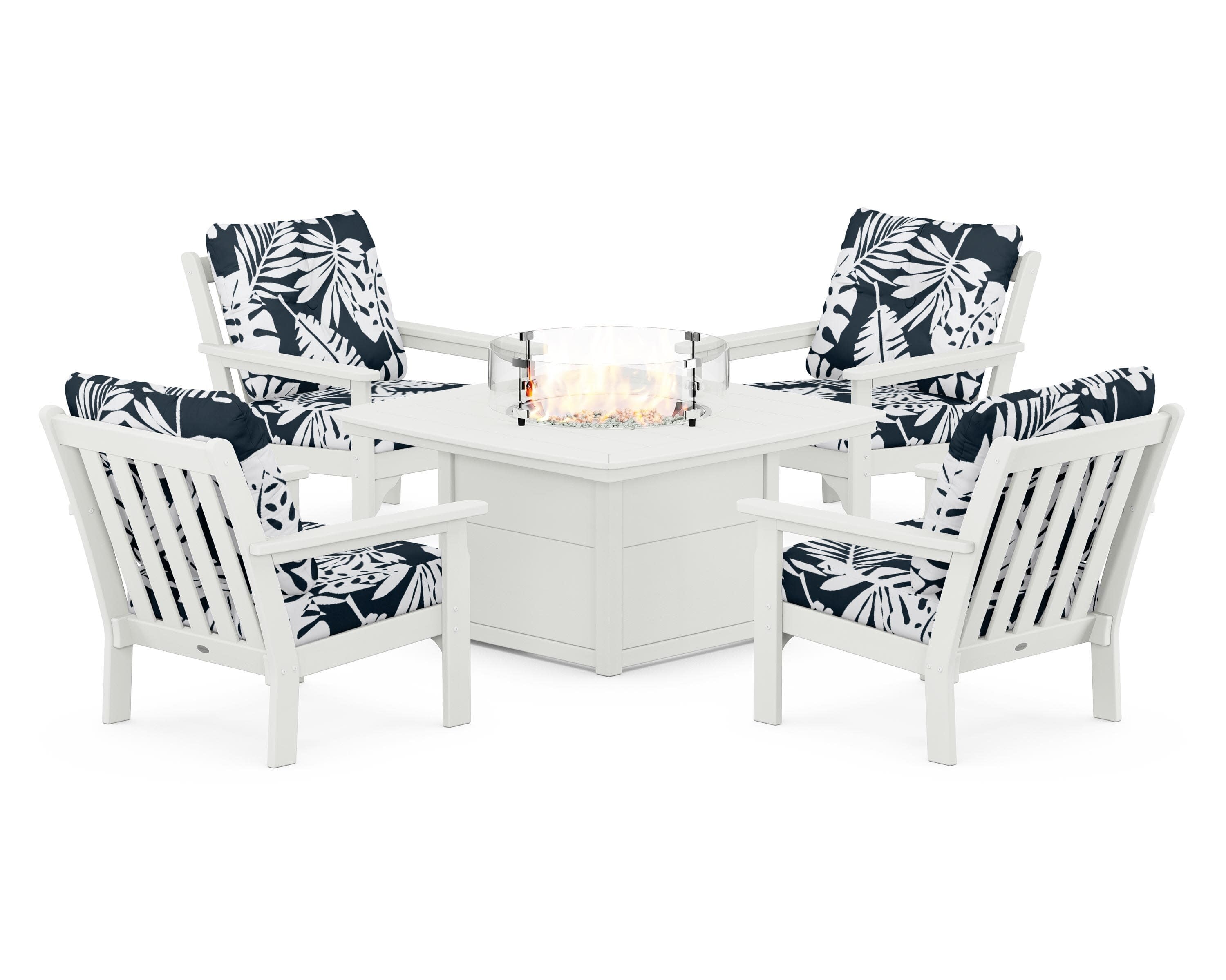 Vineyard 5-Piece Conversation Set with Fire Pit Table in Vintage White / Leaf Marine Indigo