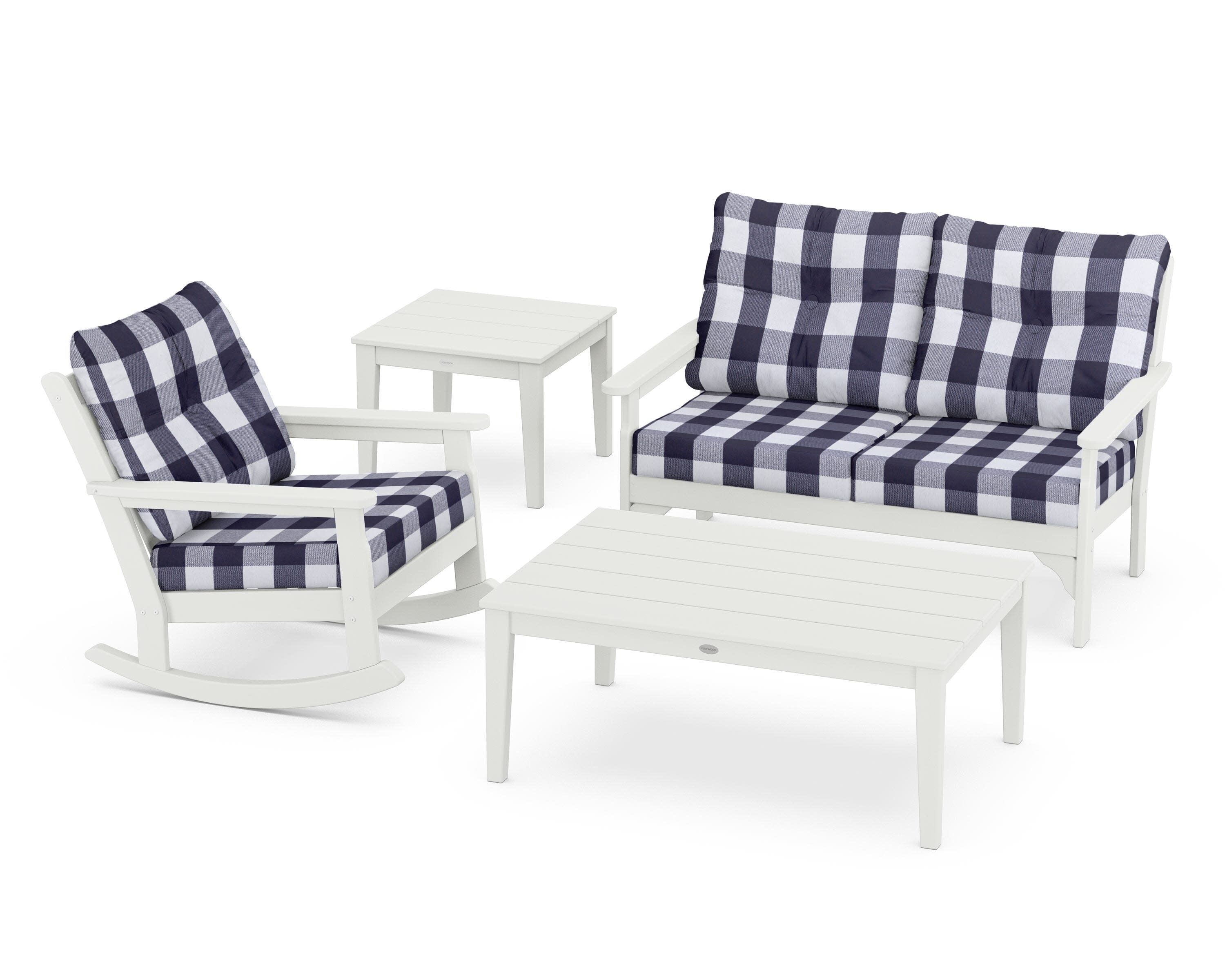 Vineyard 4-Piece Deep Seating Rocker Set in Vintage White / Buffalo Plaid Navy