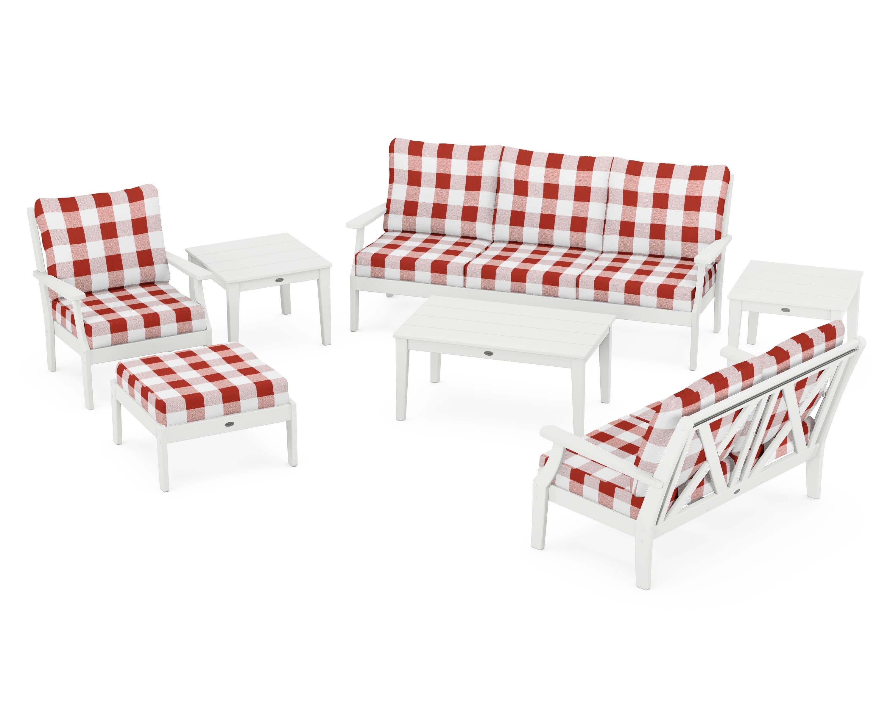 Braxton 7-Piece Deep Seating Set in White / Buffalo Plaid Crimson